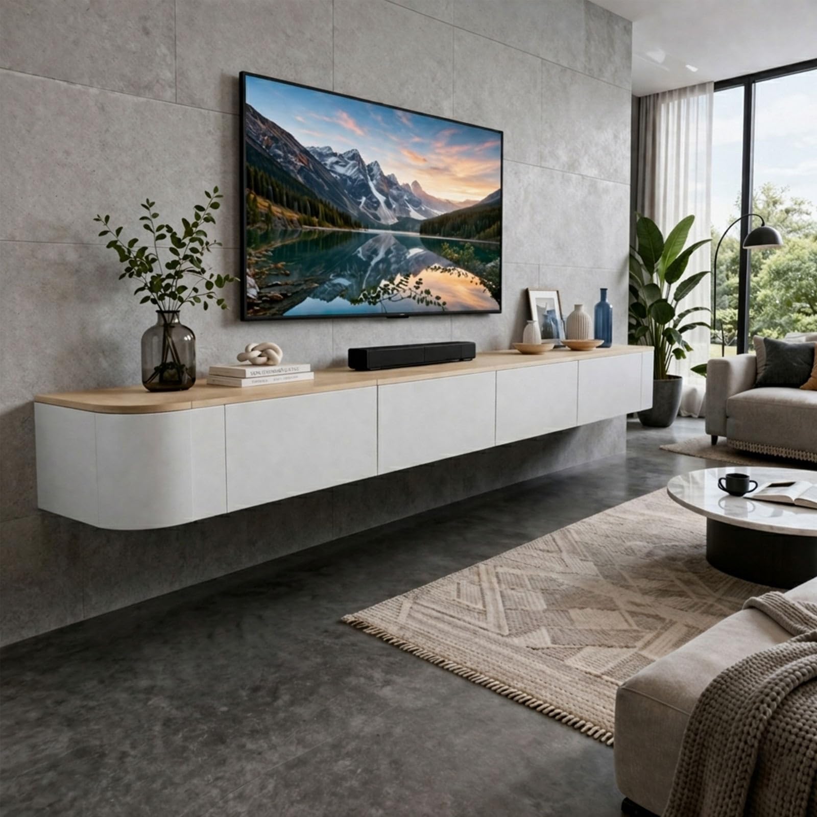 Floating TV Stand Wall Mounted Modern Floating Media Console With Storage Cabinets And Cable Management For Living Room Bedroom Wall Mounted TV Console Entertainment Center(Natural Oak LED,240cm)