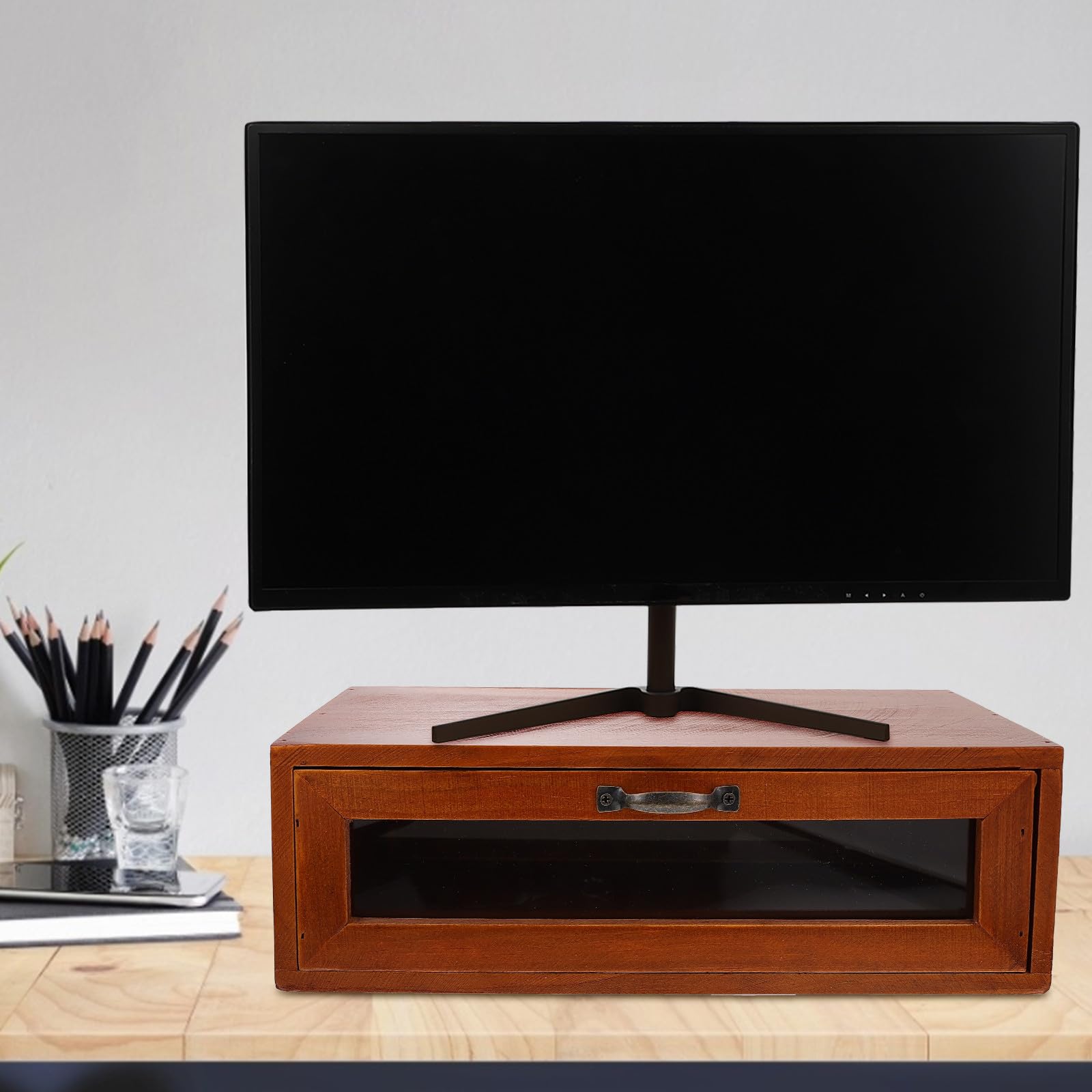 Organizer da Scrivania in Legno e Vetro Marrone Retrò Cassetto Portaoggetti e Supporto per Monitor per Ufficio e Decorazione Desktop
