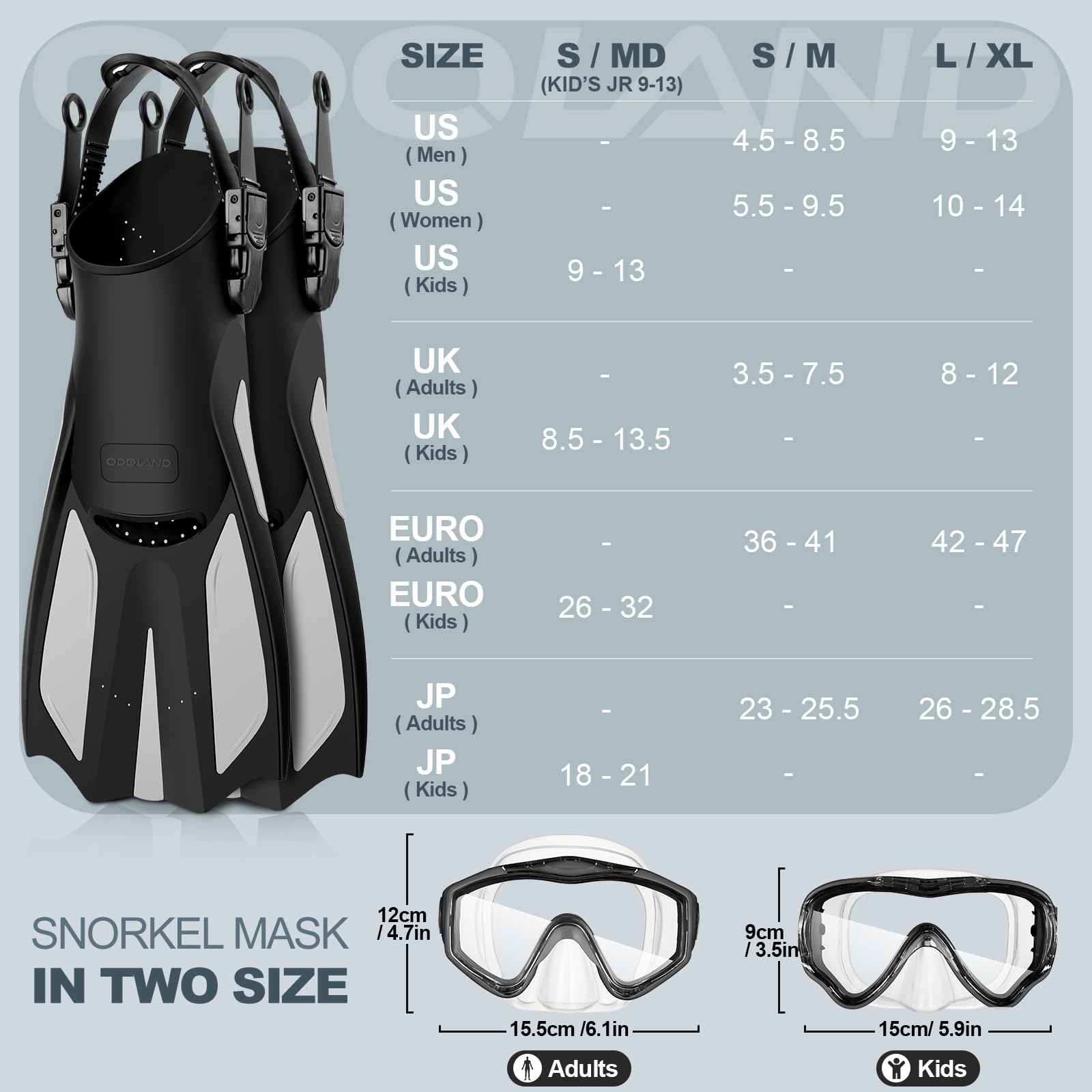 Odoland Set da snorkeling per adulti 3 in 1 con occhiali da immersione anti-appannamento e boccaglio asciutto, pinne regolabili e attrezzature subacquee per nuoto/snorkeling