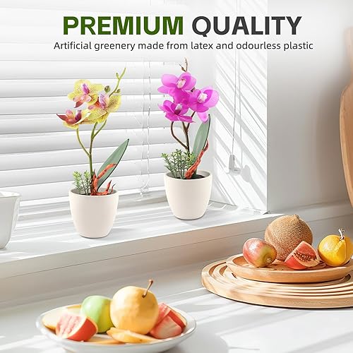 Miniatura 5 de 4 piezas de flores artificiales de orquídea falsa Phalaenopsis pequeña en maceta florero de cerámica para centro de mesa, hogar, oficina, baño,
