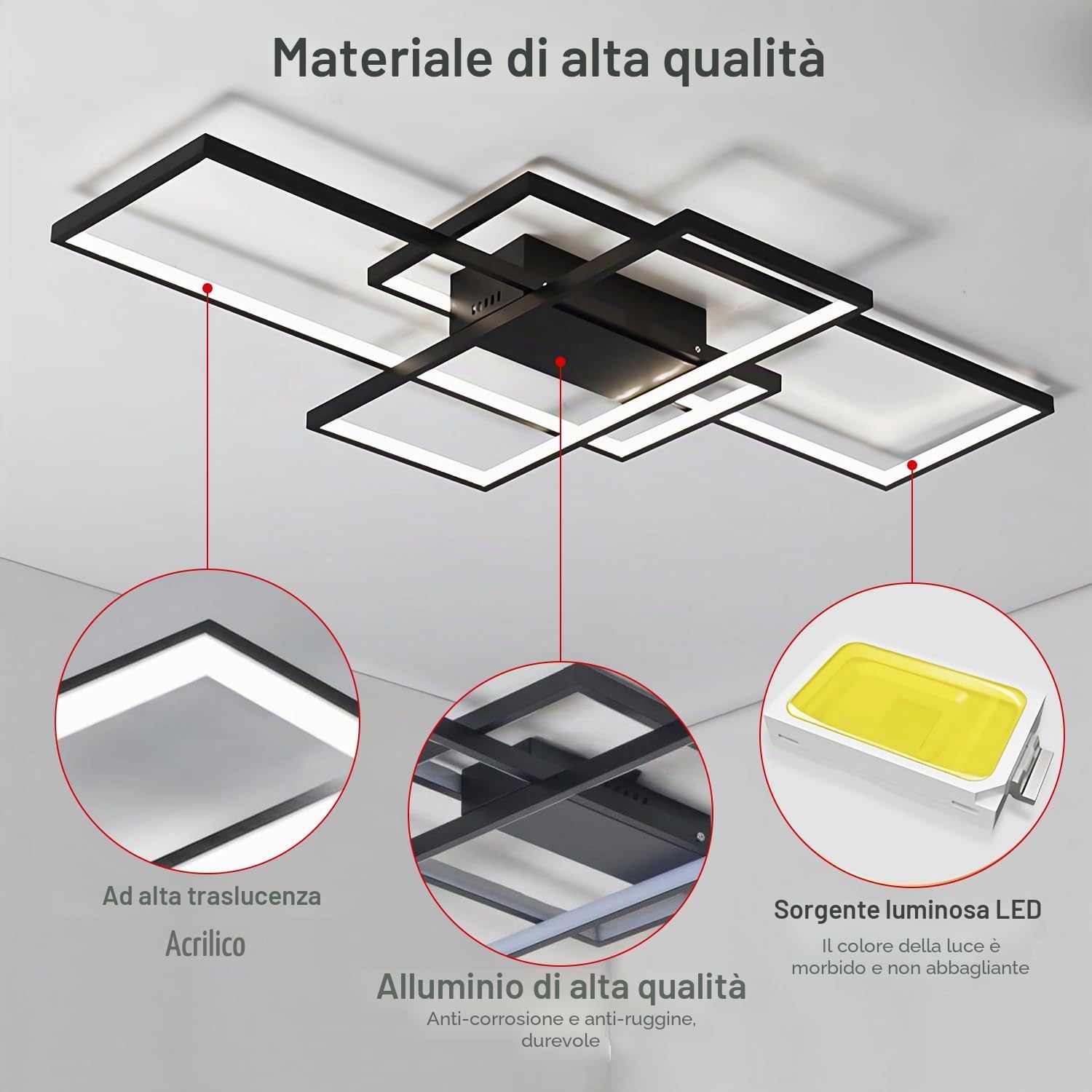 Plafoniera LED Soffitto, Dimmerabile 3000K-6000K lampadario camera da letto moderni con Telecomando, Applica A Decorativa Soggiorno Camera Da Letto Corridoio Cucina E Ufficio (nero, 90cm)