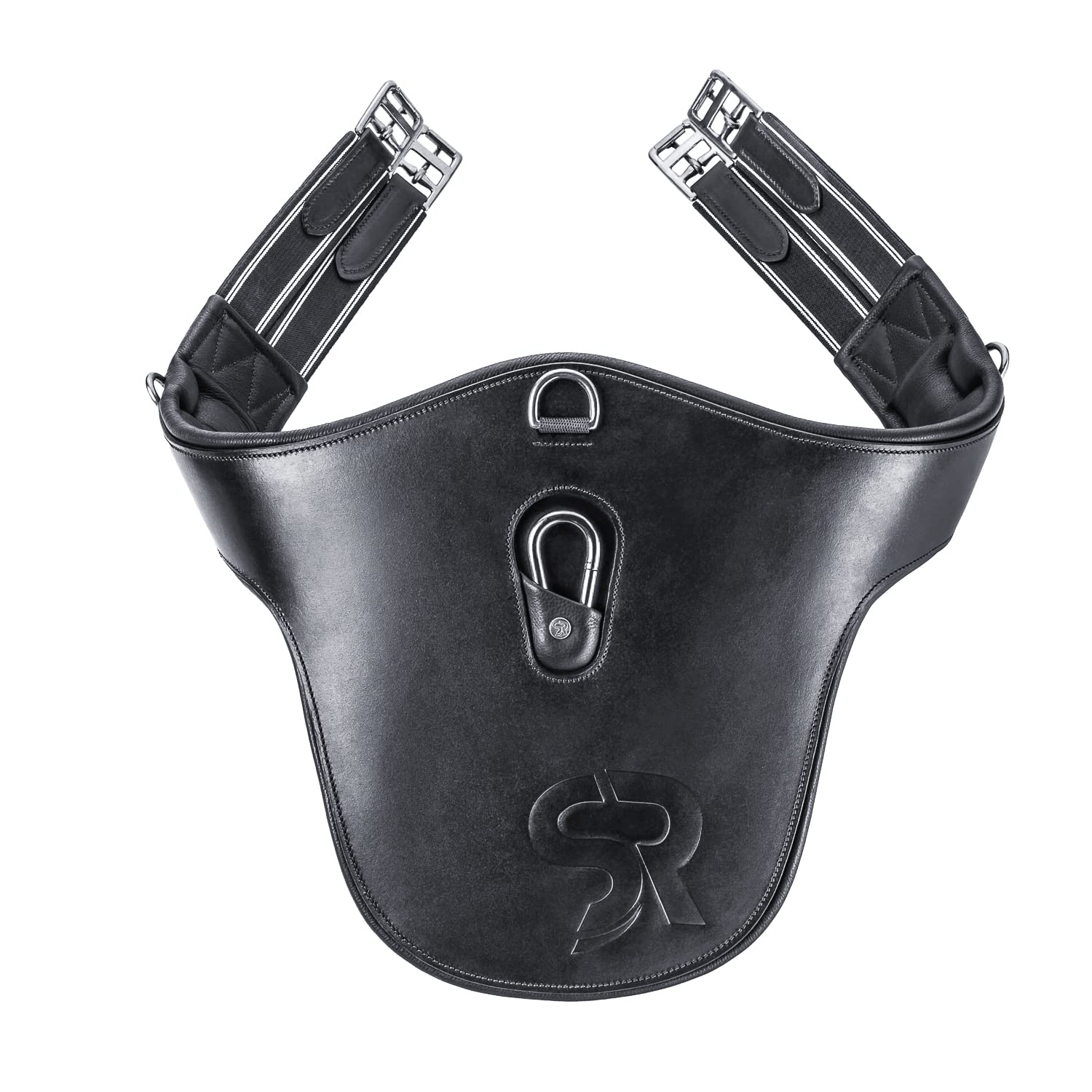 SUNRIDE Cincha de Cuero auténtico para Caballos (Hickstead), con Anilla en D (3X) y mosquetón para riendas auxiliares (130 cm, Negro)