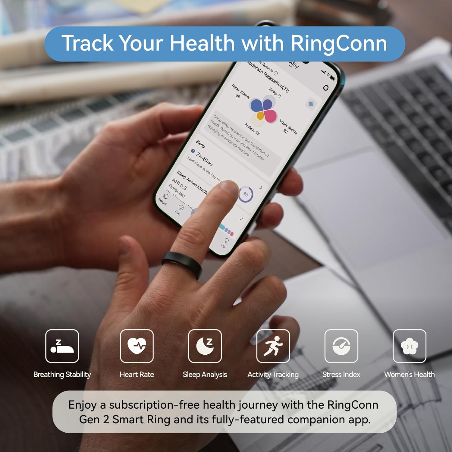 RingConn Gen 2 Smart Ring, No App Subscription, 12-Day Battery Life, Stress/Heart Rate/Women's Health Tracker, Android & iOS Compatible (Black, Size 10) - Image 3