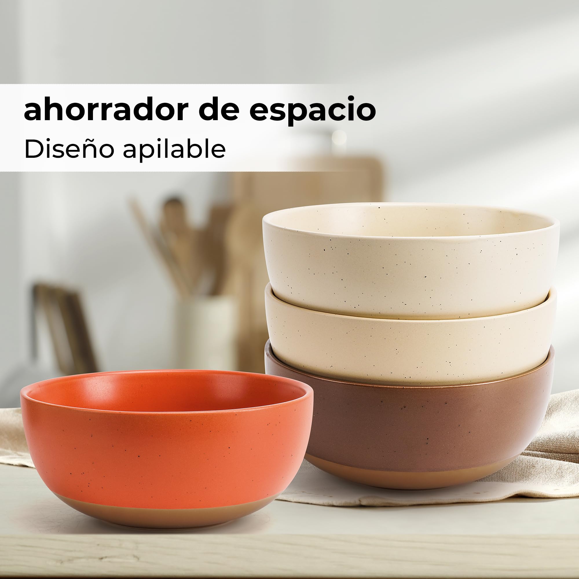MIAMIO - Set de 4 Cuencos de Cerámica de 820 ml para Sopa/Ensalada, Avena, Fruta, Arroz - Aptos para Lavavajillas y Microondas - Colección Aura (Acogedor Neutro, Cuencos (4x))