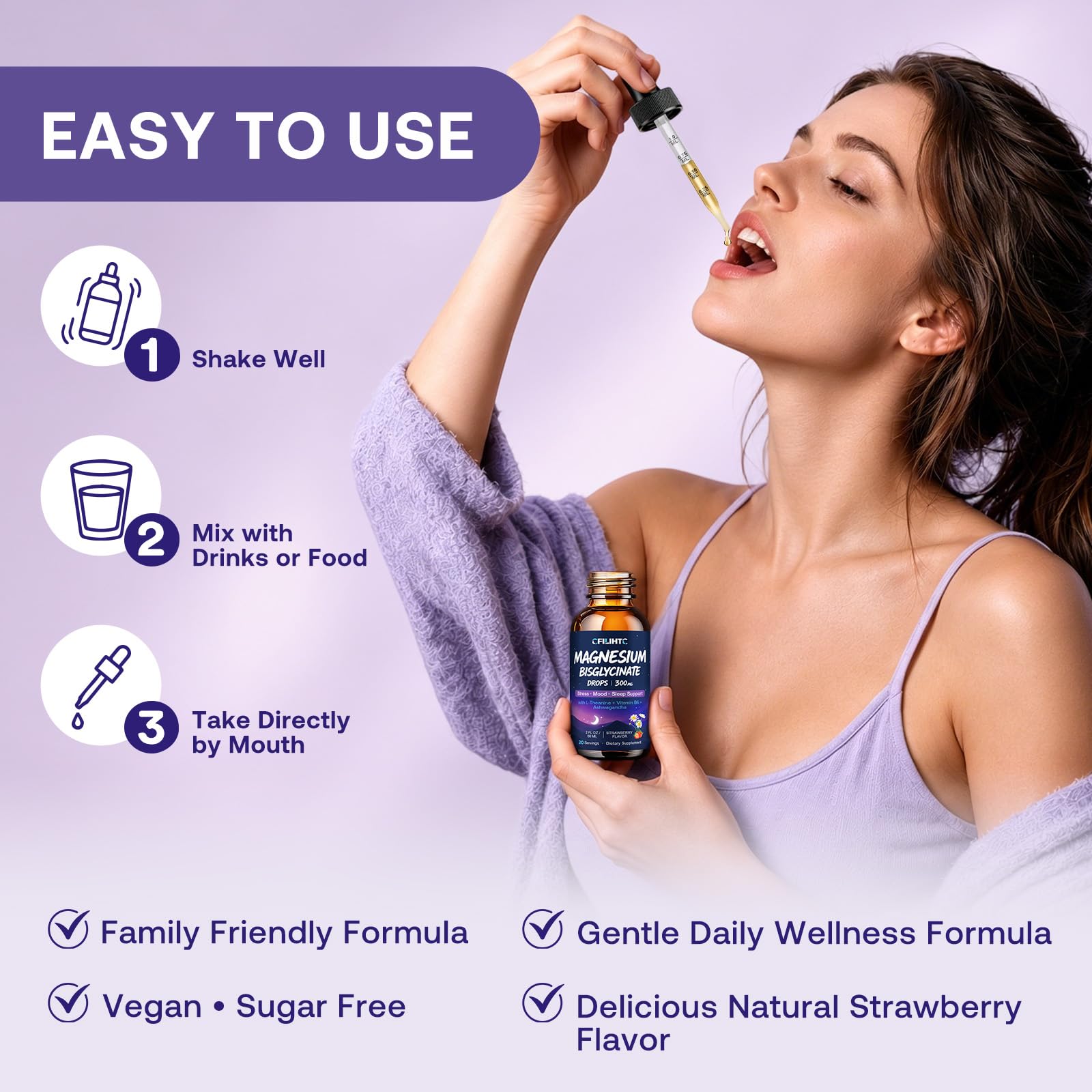 2 Pack Magnesium Bisglycinate Liquid Drops, 300mg Liquid Magnesium Drops with L-Theanine, Ashwagandha, Saffron & Chamomile, Supports Sleep, Calm Mood & Stress, 2 Fl Oz Strawberry Flavor — Amazon image 7