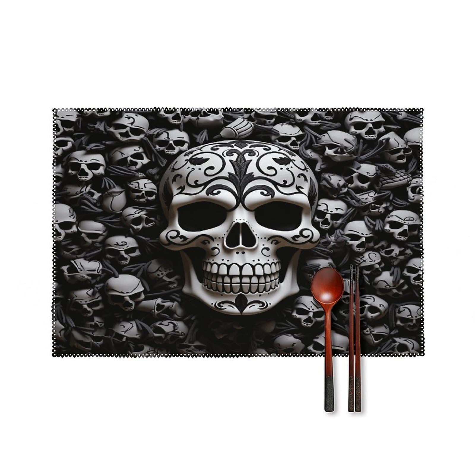 Black and White Skulls Placemats Set of 6 Heat Resistant Non-Slip Place Mats Washable Wipeable Table Mats Elegant Farmhouse Placemat for Kitchen Dining Outdoor Party Table Decor