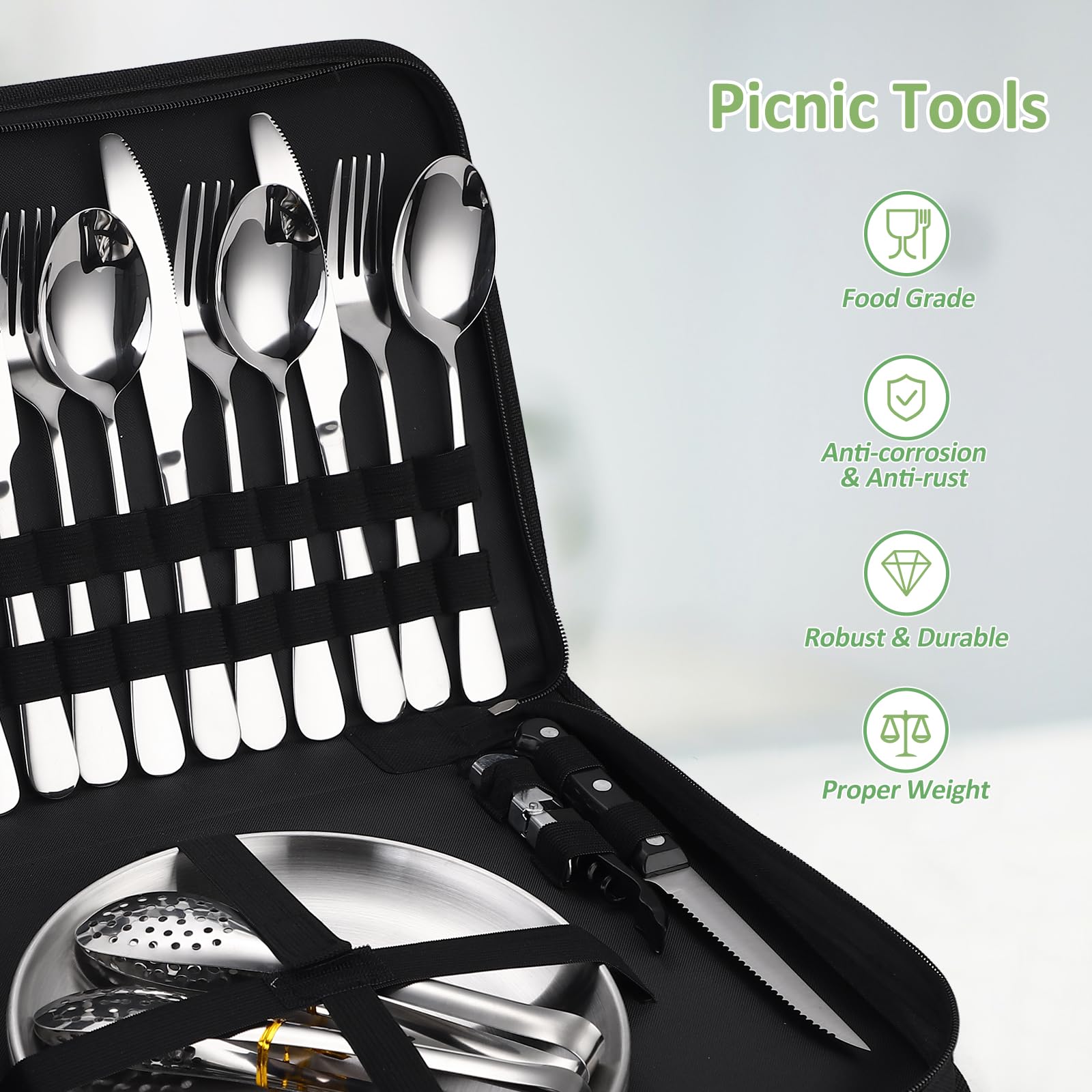 Camping-Besteck-Set, Besteck-Organizer, Utensilien, Picknick-Set, 24-teiliges Set für 4 Personen, Edelstahl-Teller, Löffel, Clip und Steakmesser, Weinöffner, Gabel, Serviette, Wandern – Campingküche,