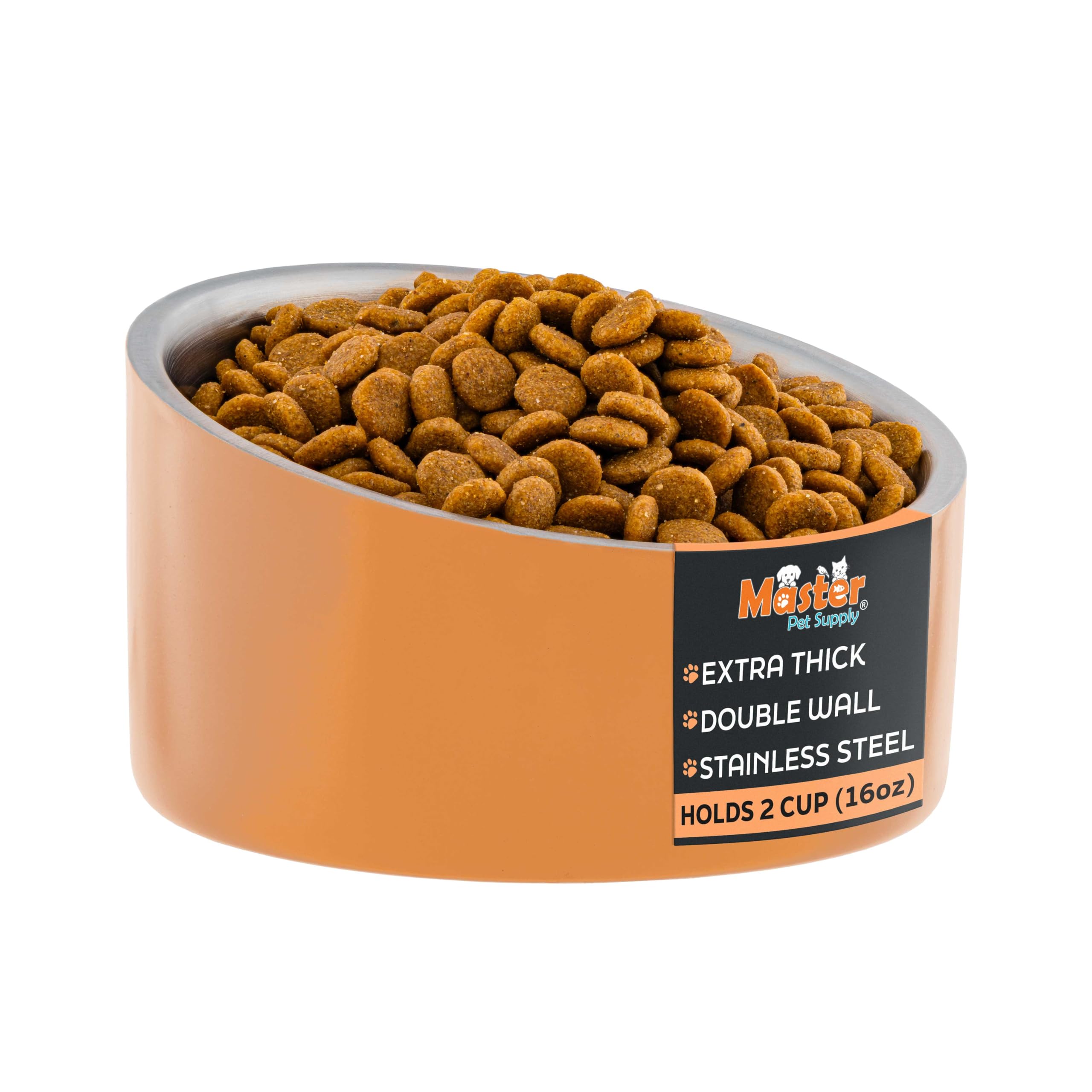 Master Pet Supply Stainless Steel Slanted Dog Cat Food Bowl - 16 oz Heavy Duty - Mango Tango, Double Wall Insulated, Non-Slip Elevated Bowl for French Bulldogs Pugs Cats, Anti Rust Dishwasher Safe