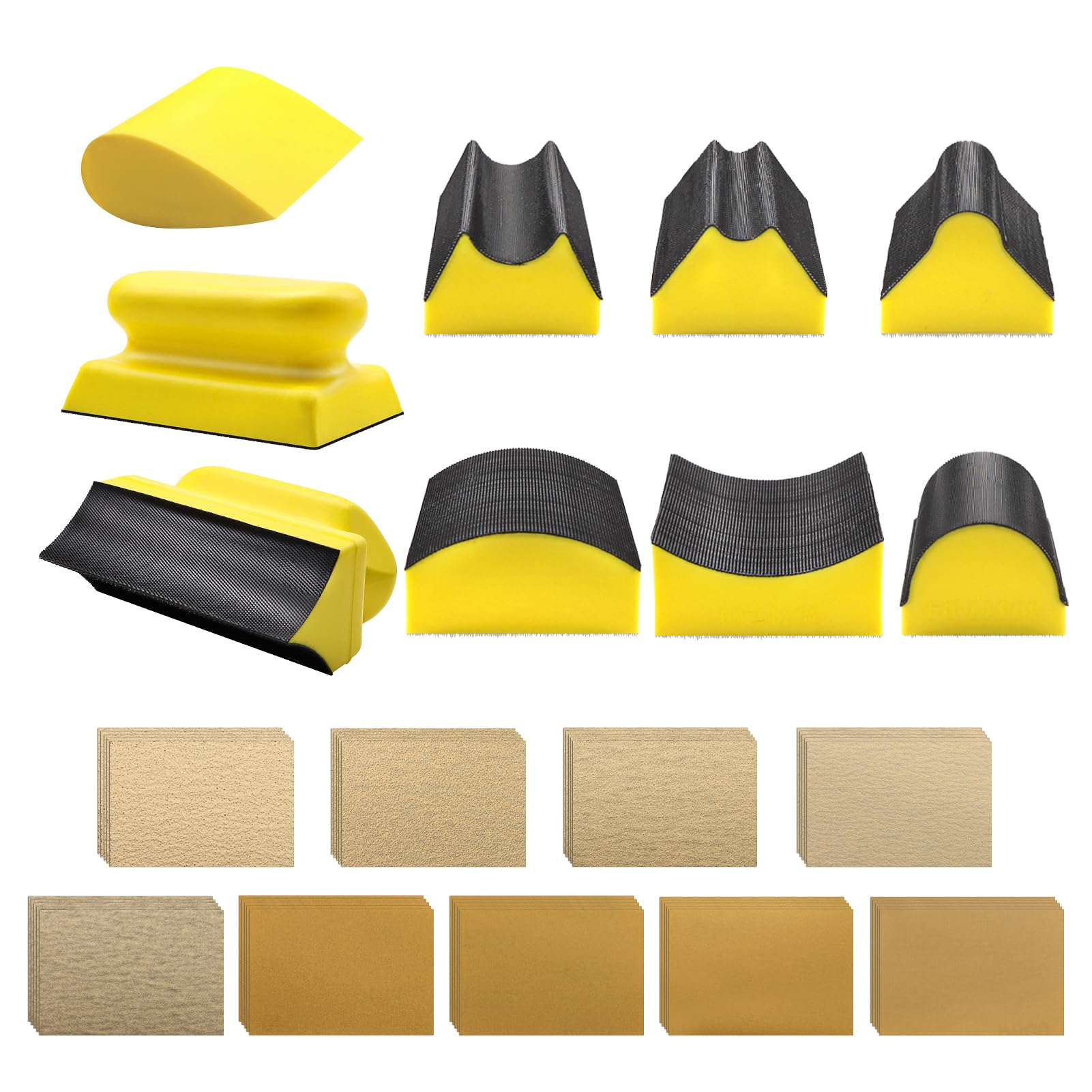 VIBRATITE 9 PCS Contoured Profile Hand Sanding Block, 4 Inch Hand Sander Block Interchangeable Assorted Convex & Concave Shapes with 45 Sheet Assortment Sandpaper for Auto Body, Woodworking, Furniture