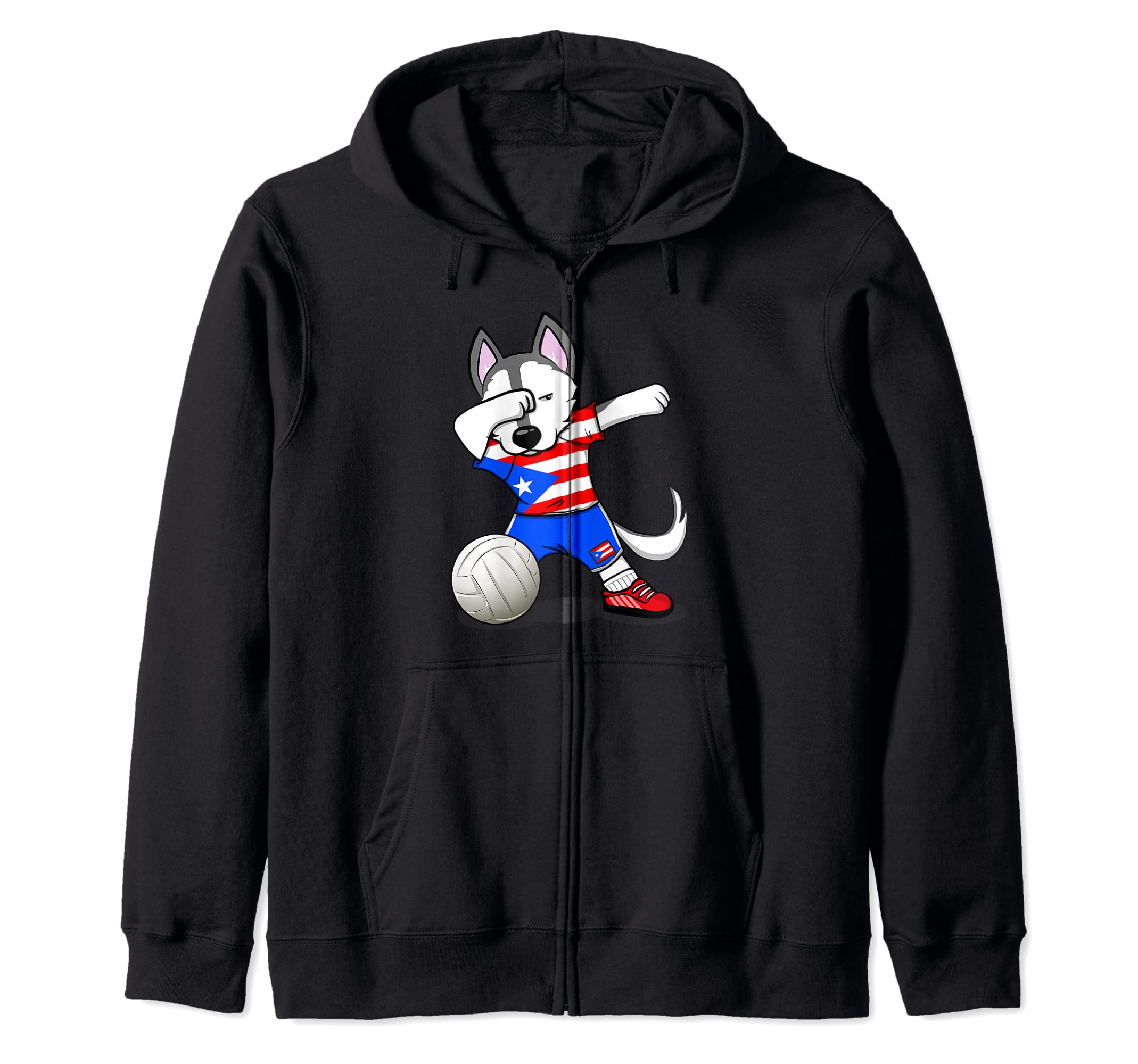 Dabbing Husky Dog Puerto Rico Volleyball Fans Jersey Flag Zip Hoodie, Black