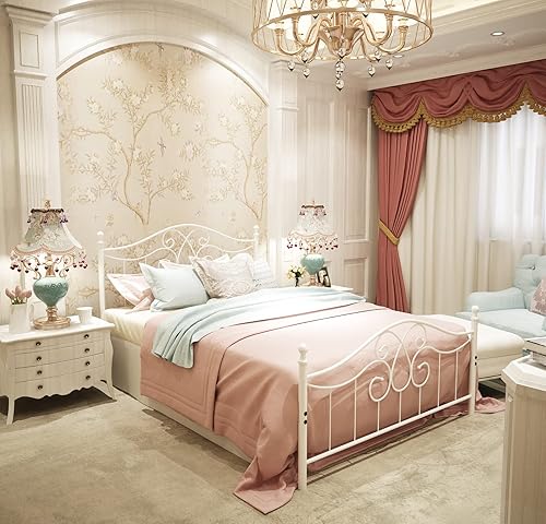 Miniatura 22 de TUSEER Base de cama de metal tamaño Queen con cabecero vintage y base de plataforma de estribo, marco de cama de hierro forjado (Queen, marrón