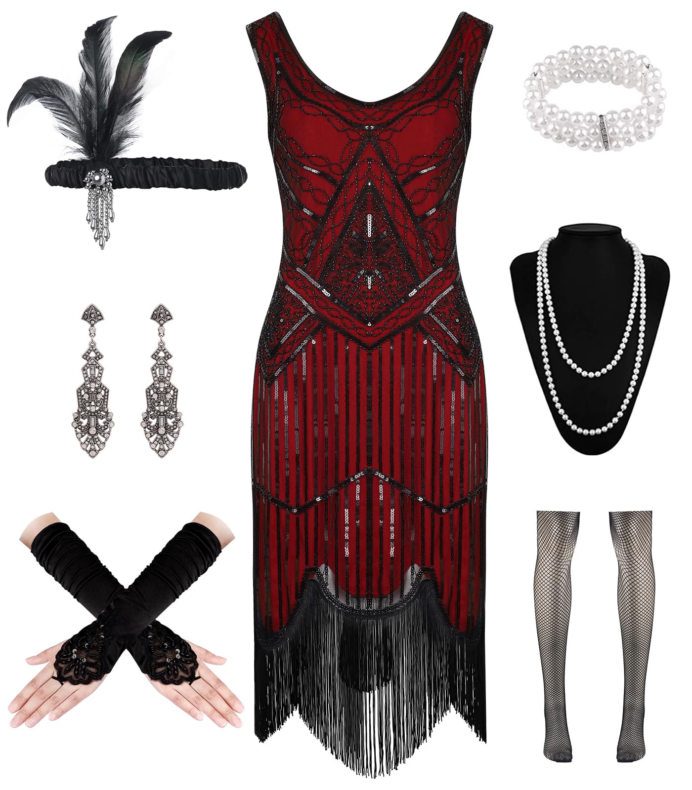 WILDPARTY Robe de cocktail style années 1920 pour femme – Robe de cocktail avec col en V, perles à paillettes et franges – Robe de cocktail avec accessoires des années folles (noir et rouge, taille