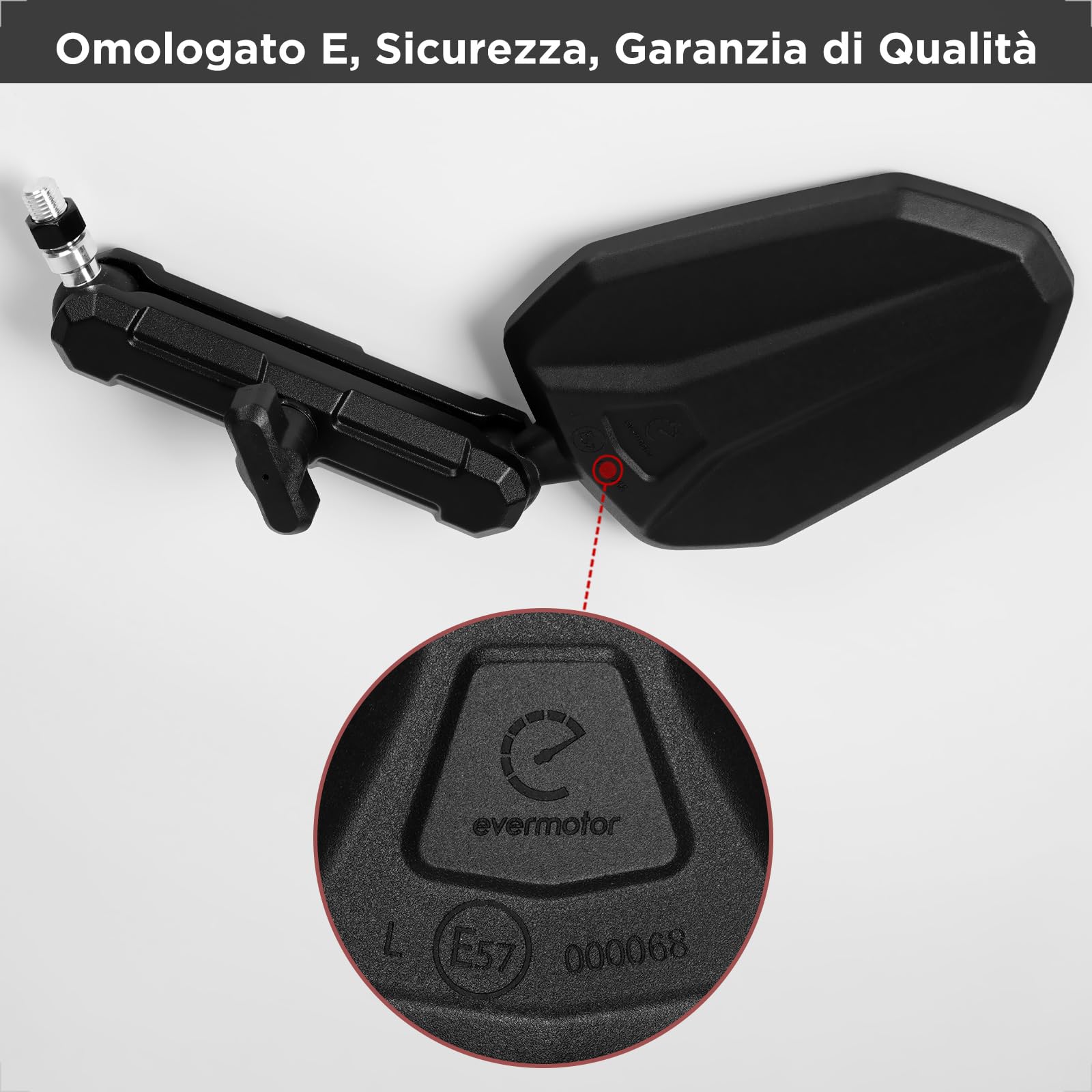 evermotor Specchietti Moto Omologati E, 360° Regolabili, Compatibili con Foro M8 e Manubri 13–15 mm e 17–19 mm, Coppia, Alluminio, Nero Opaco