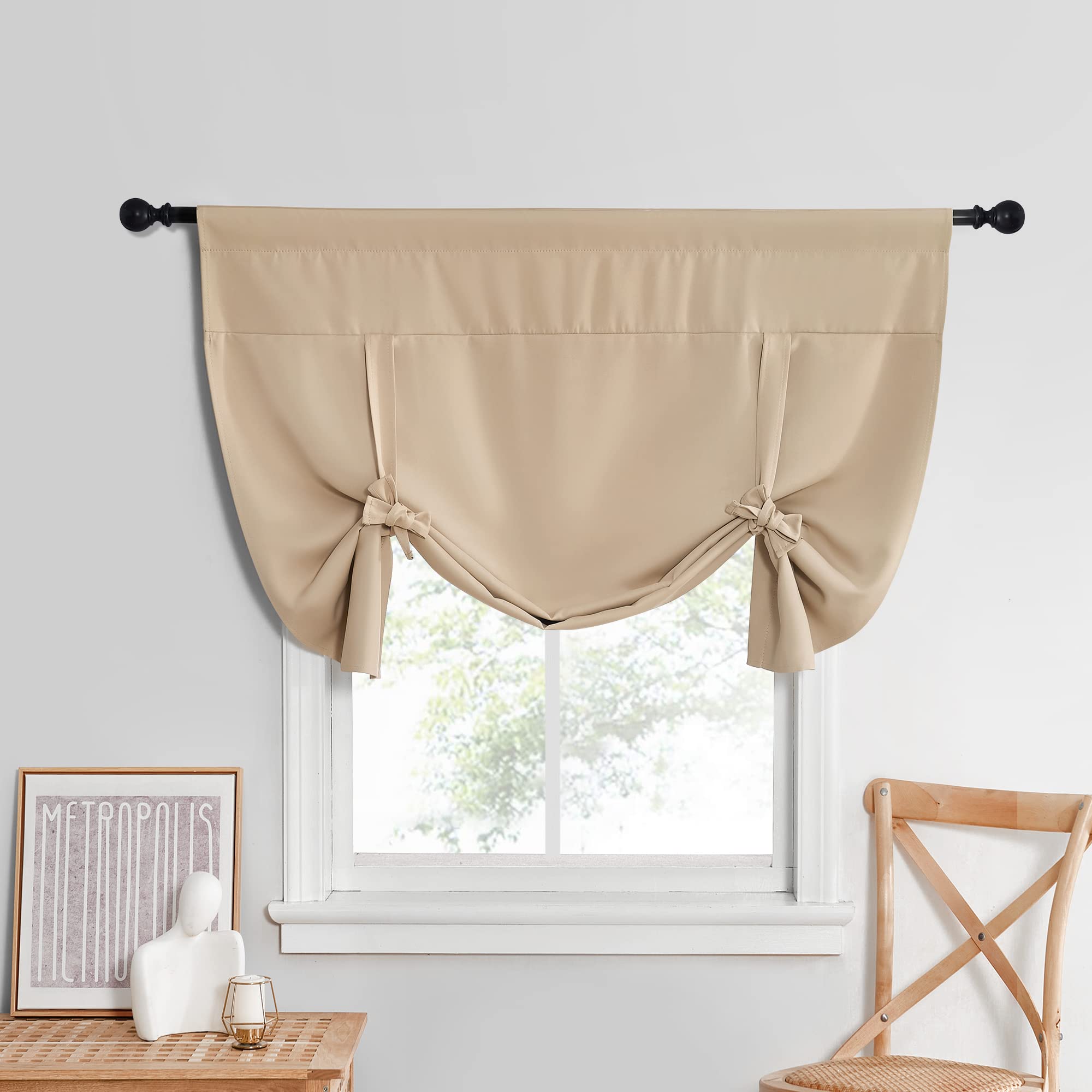 NICETOWN Blackout Roman Shades Curtains - Farmhouse Style Kitchen Curtain Window Treatments Tie Up Valance for Bathroom Small Window, 1 Piece, W 52 x L 45 in, Biscotti Beige