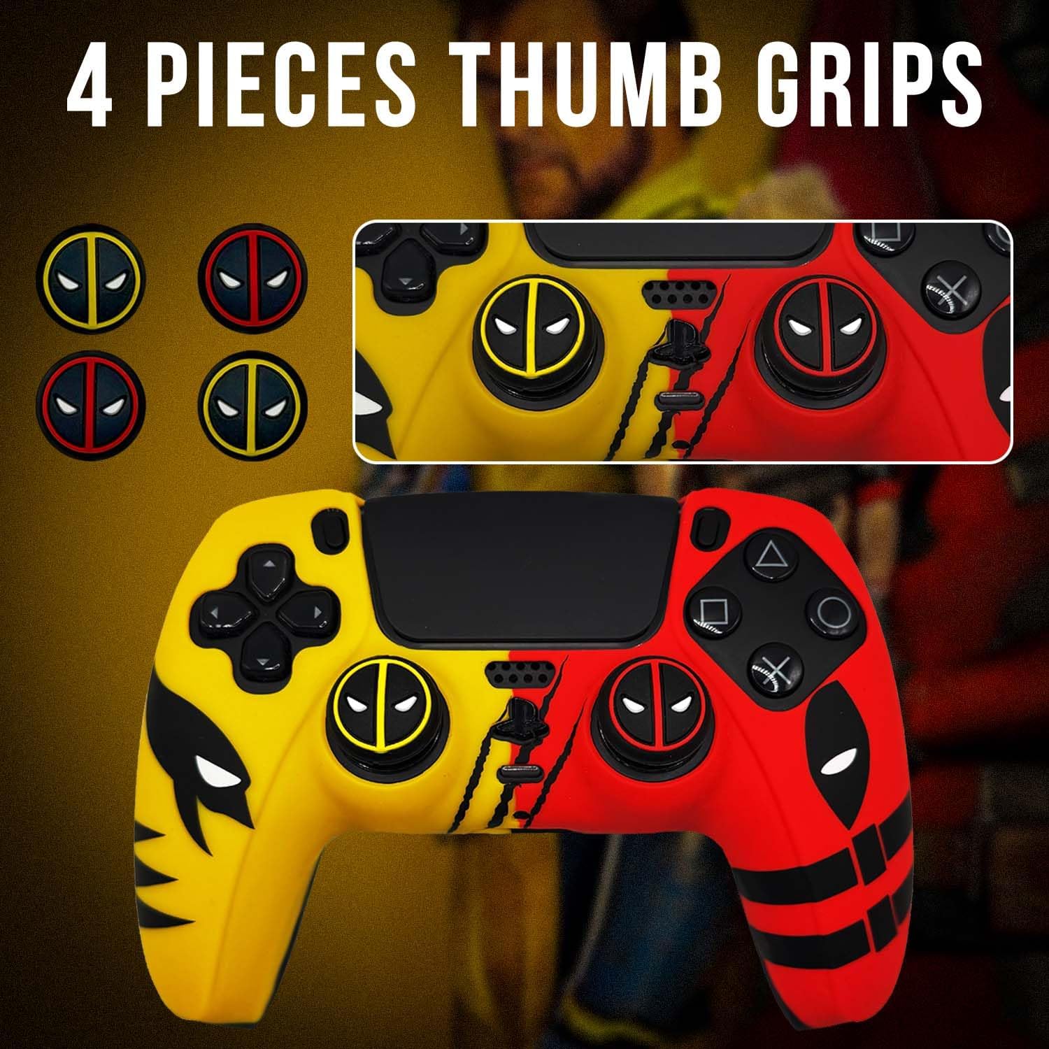 ElitePlay Yellow and Red Dpool vs Wolve Anti-Slip Silicone Cover Skin for PS5 Controller, Soft Rubber Case for PS5 Wireless Controller With Thumb Grip Set