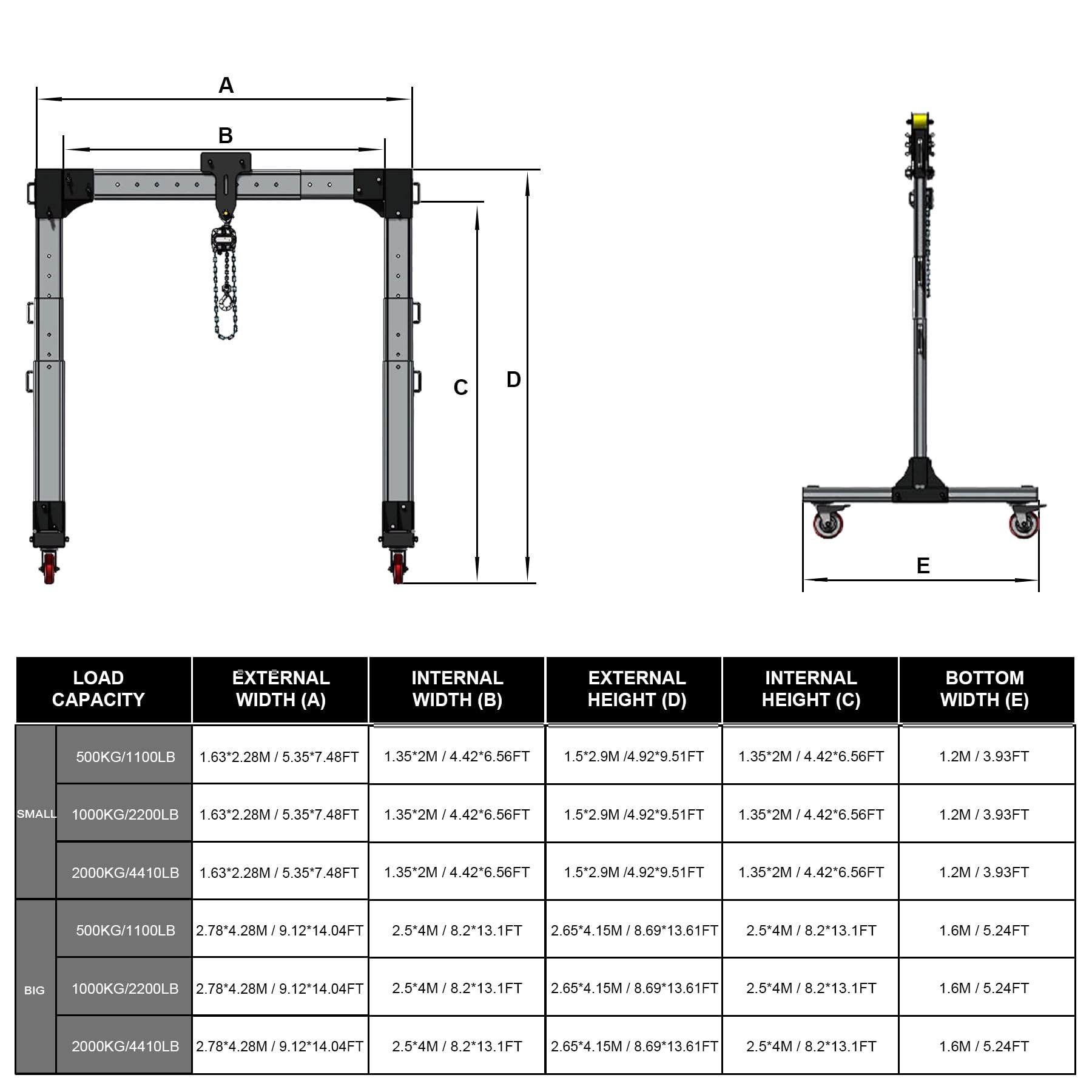 Portique, portique portable en aluminium, grue montée sur camion, roues à 360°, hauteur et largeur réglables(500KG/1100LB,S)