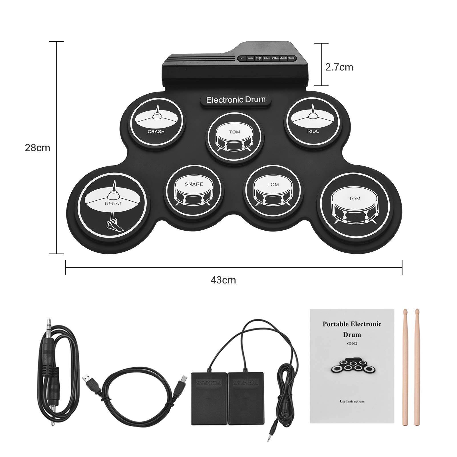 Batteria elettronica compatta USB roll-up in silicone con 7 pastiglie, pedali, digitale, per principianti e bambini