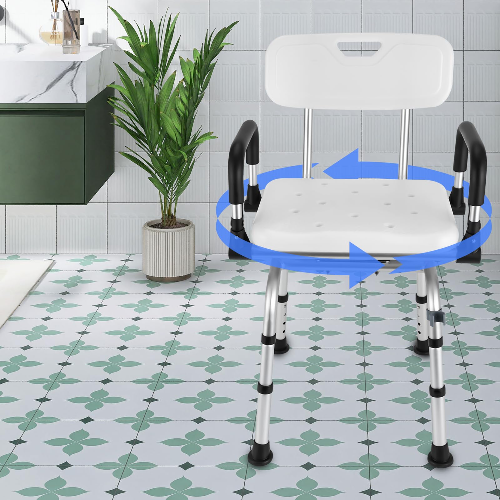 Silla de ducha de 360° con respaldo y reposabrazos, altura regulable, taburete de ducha hasta 180 kg, antideslizante, silla de ducha para discapacitados, personas mayores y embarazadas