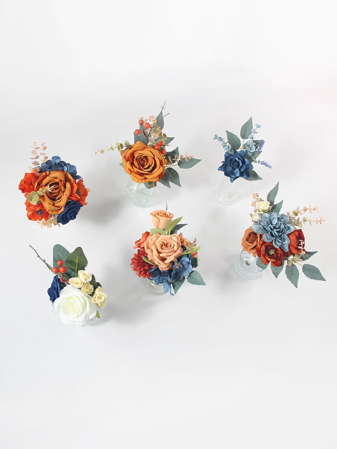 Rinlong 6Pcs Assorted Flower Centerpieces for Wedding Fall Terracotta Tables Centerpiece Burnt Orange Navy Blue Bridesmaid Bouquets