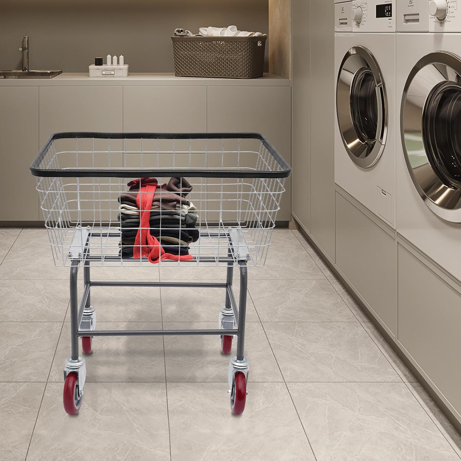Laundry Cart,Steel Wire Laundry Cart,Laundry Basket With Wheels,Heavy Duty Commercial Wire Laundry Basket Cart for Laundry Clothes Storage 26.77x21.5x26in (B)