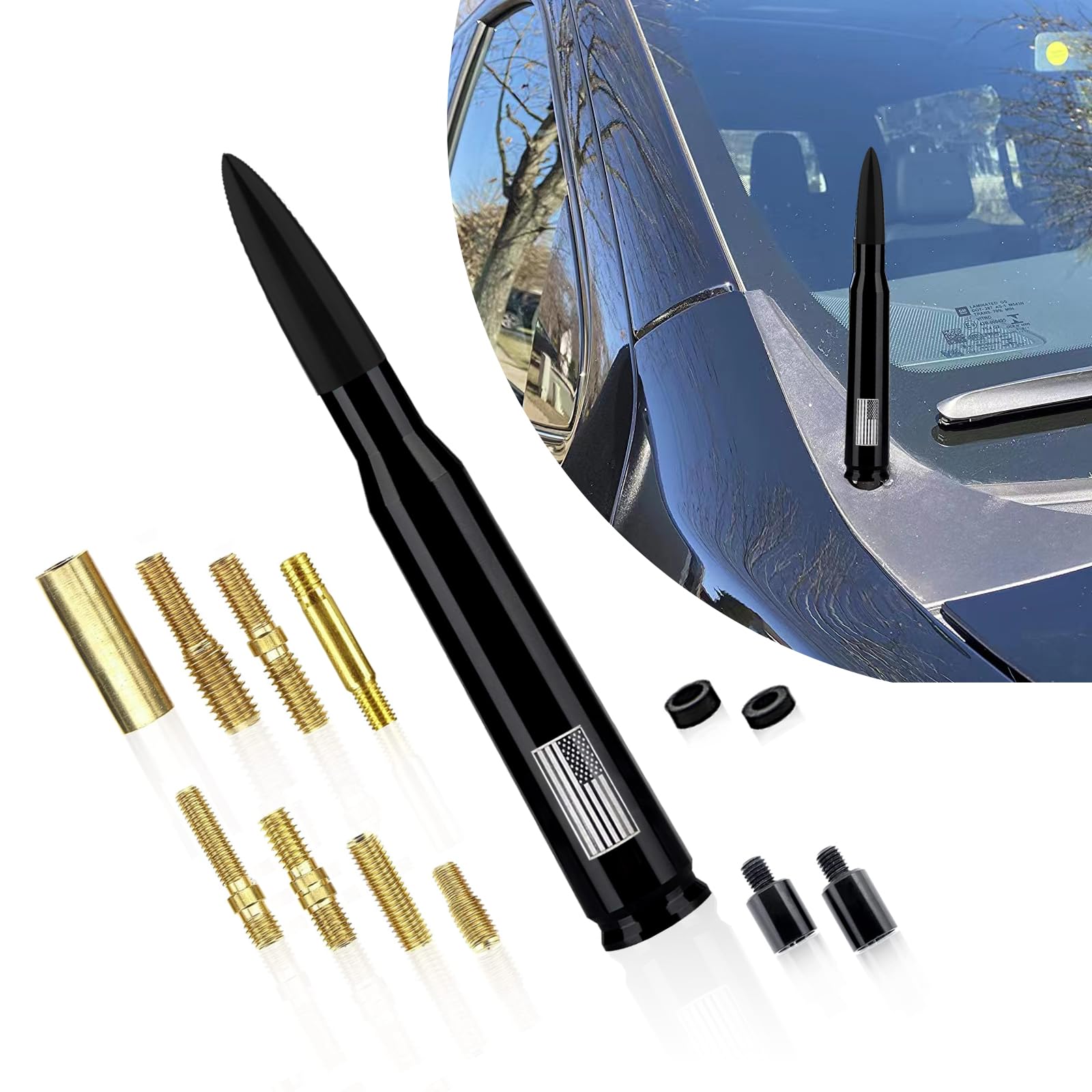 Fluher 1 PC Car Bullet Antenna, American Flag Technology Metal Texture Personalized Antenna, Signal Receiving Modification Accessories, Compatible with Ford F150 Wrangler Jeep Chevrolet (Black)