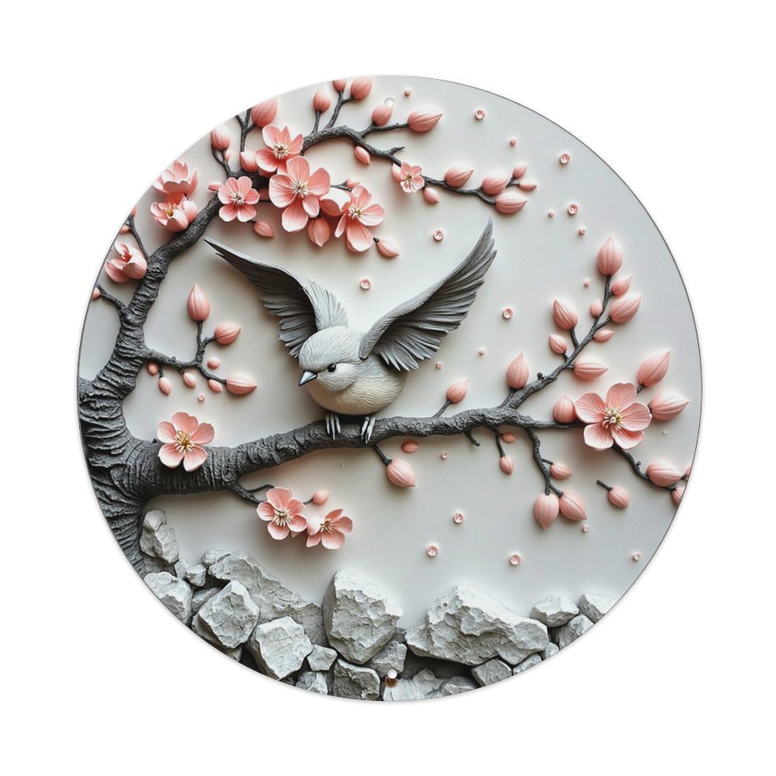 Bird Cherry Blossom Branch Stone Retro Metal Sign Round Tin Sign, Vintage Decor Art Poster for Bar, Home, Man Cave, Kitchen, Laundry Room Gift 8x8Inch