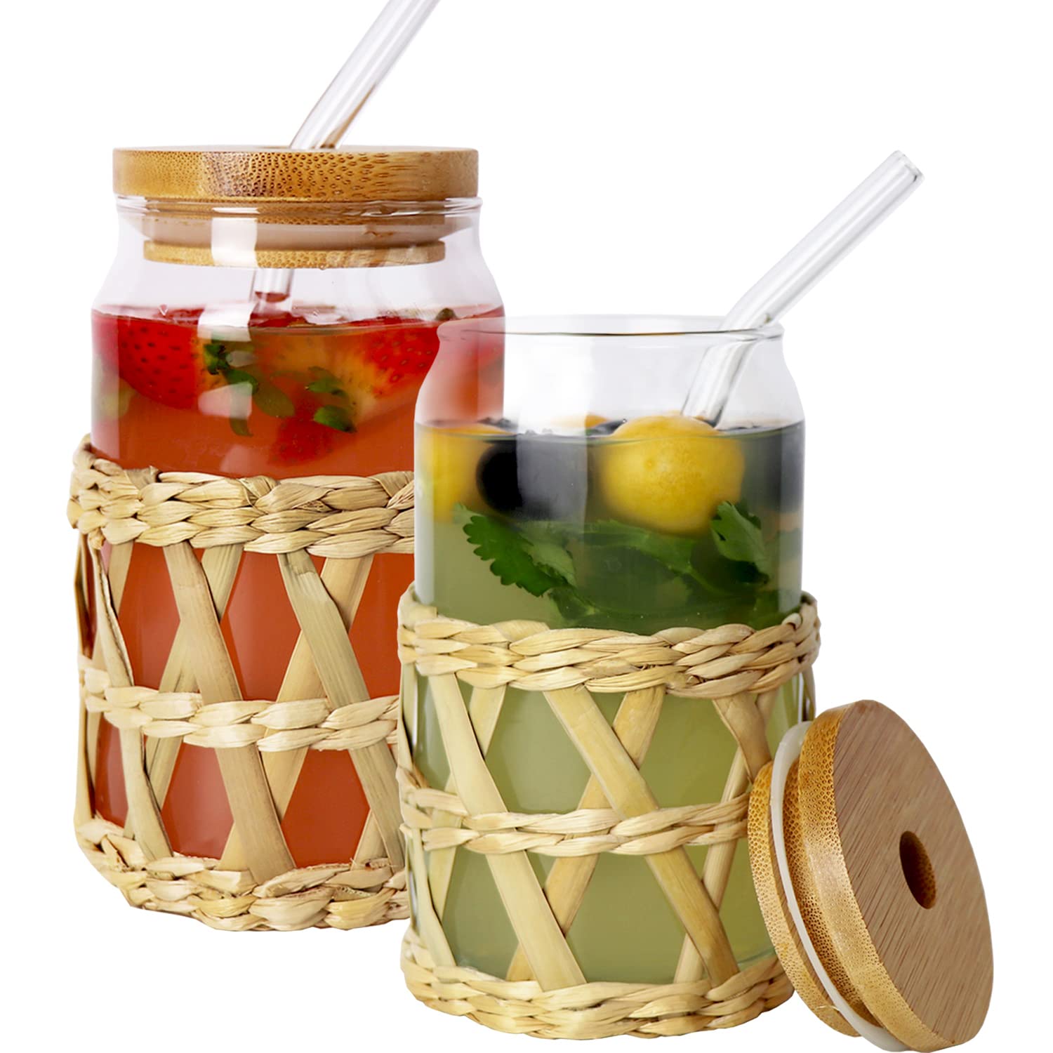 Tazas de vidrio con tapa y pajita de 17 oz y fundas de ratán
