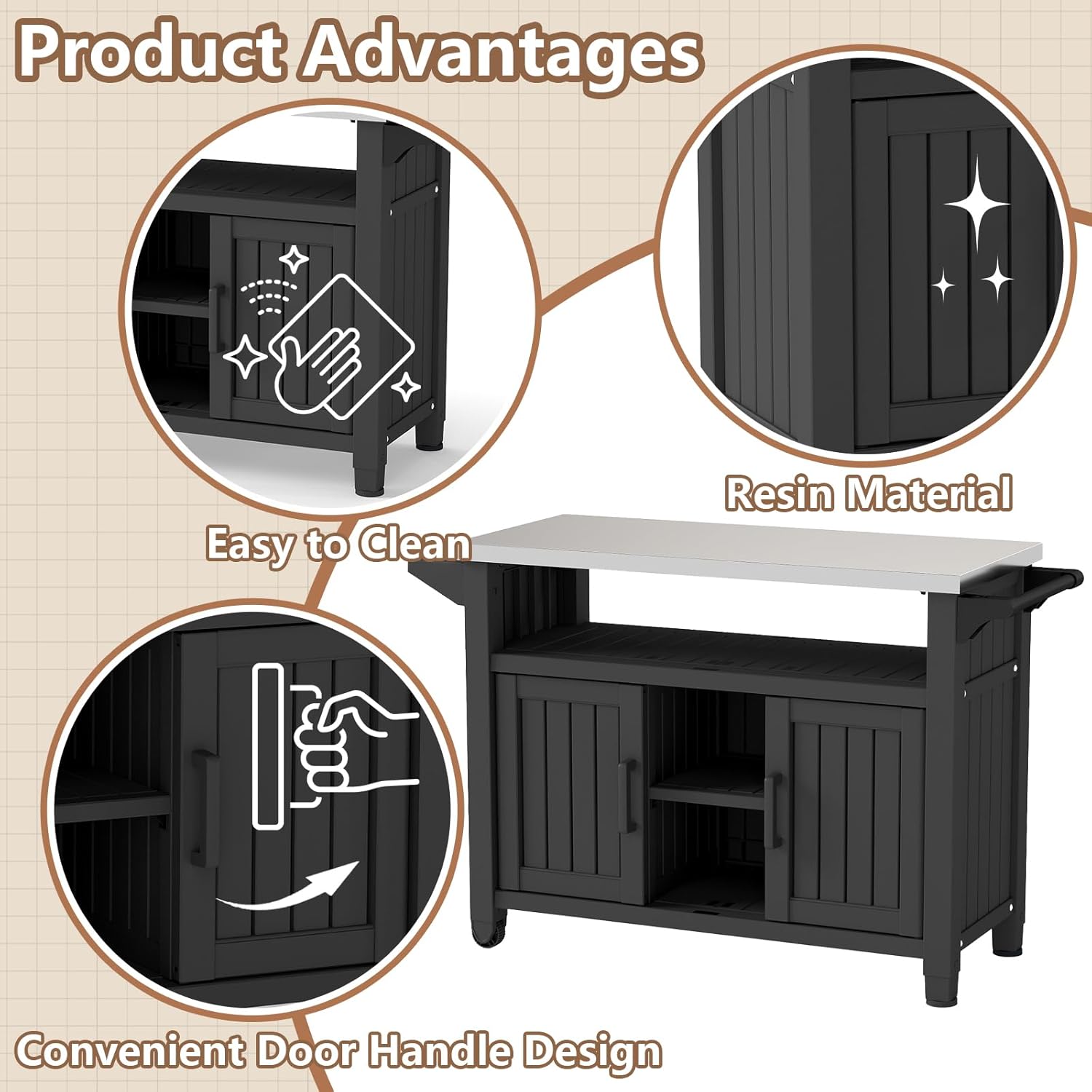 EasyUp Outdoor Storage Cabinet,Patio Storage Table, Bar Table with Wheels,Outdoor Bar Cart for Patio, Poolside and Backyard,Black