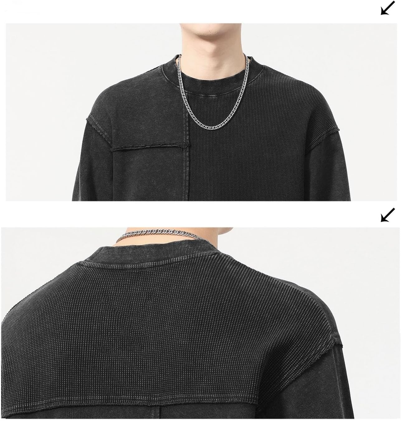 Men's Retro Washed Splicing Sweatshirt, Autumn Heavyweight Long Sleeve Loose Casual Top