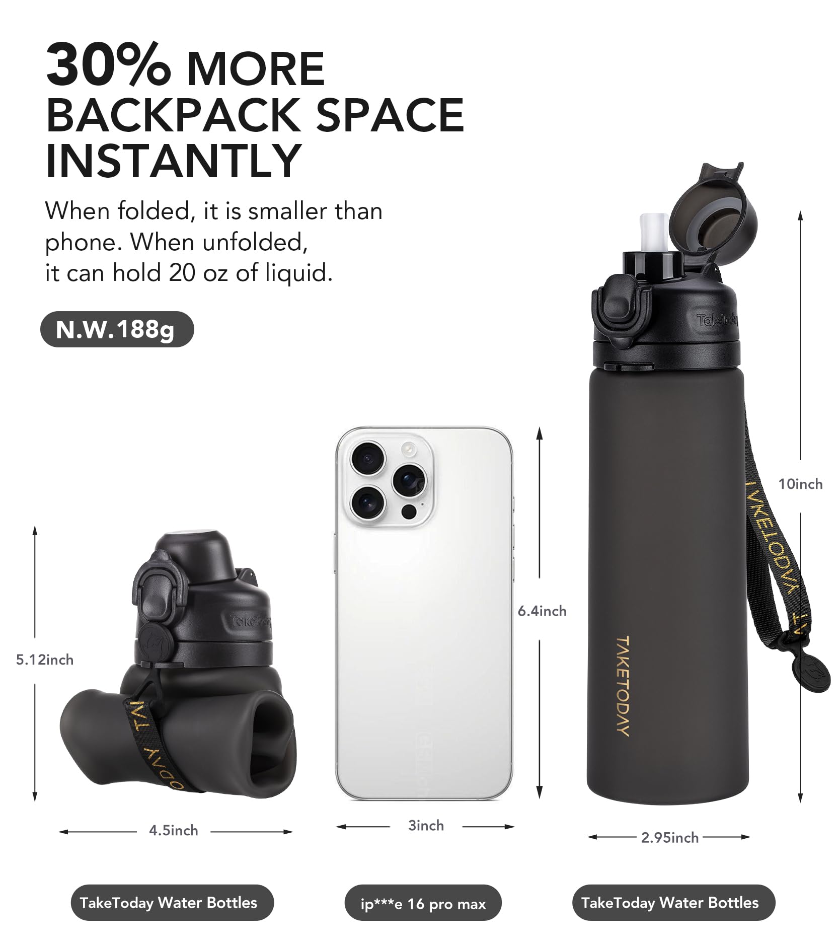 TakeToday Faltbare Wasserflaschen, 600 ml, 2 Stück, auslaufsicher, BPA-frei, faltbare Silikon-Reise-Wasserflasche mit Strohhalmgurt für Reisen, Outdoor, Schwarz und Dschungel | Faltbare Flasche aus Platin-Silikon mit auslaufsicherem Deckel, breite Öffnung