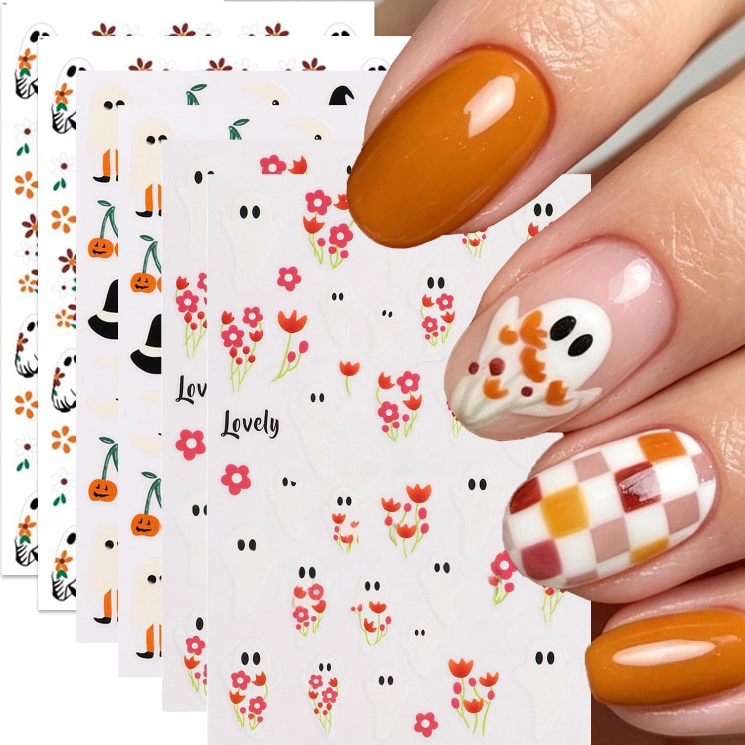 Halloween Ghost Flower Nail Art Stickers Pumpkin Cute Ghost Nail Art Decals 6 Sheets 3D Self-Adhesive Flowers Hat Nail Stickers for Women Halloween Nail Supplies Nail Decorations