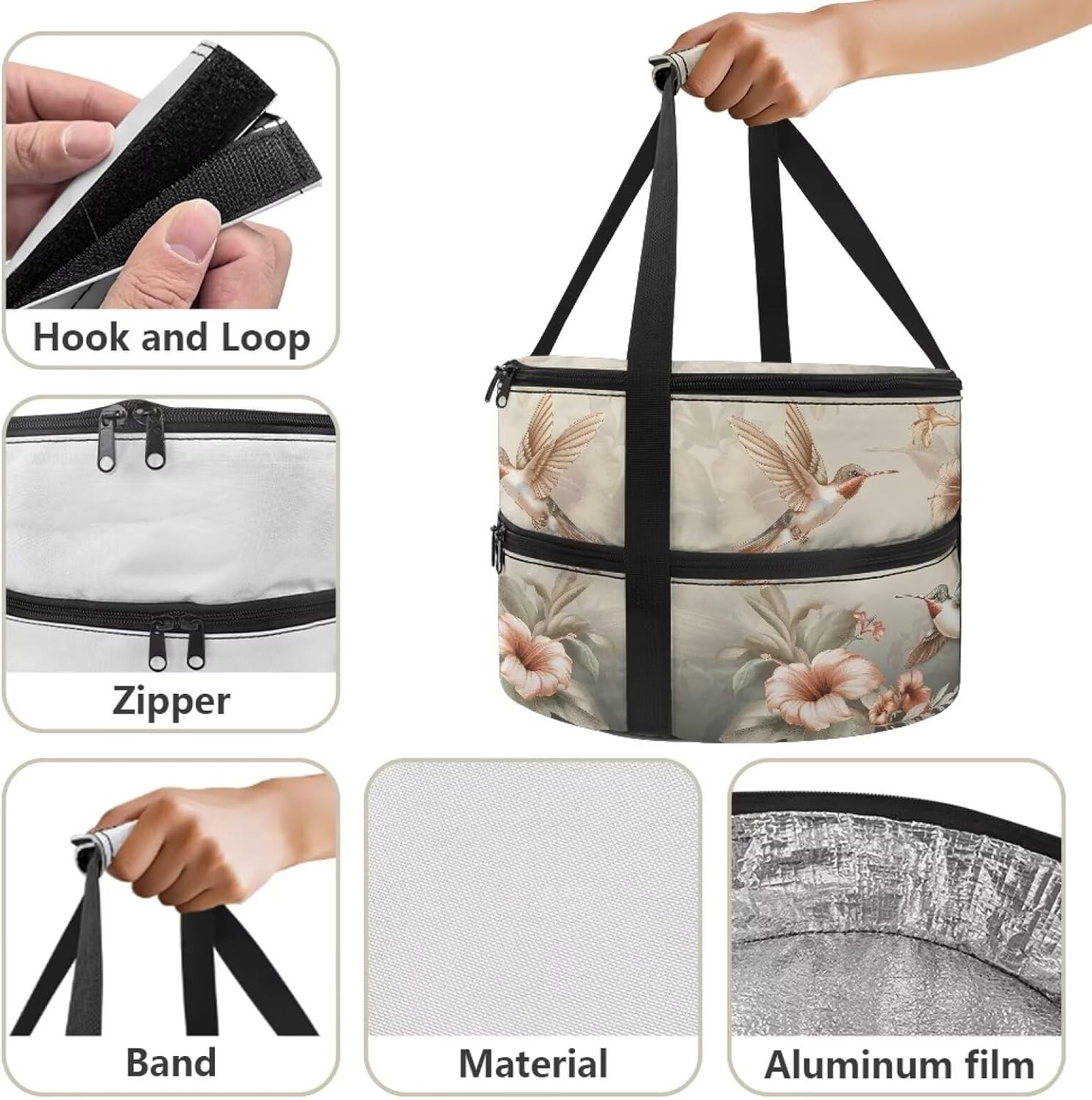 Hummingbird Casserole Carrier,Insulated Pie Carrier with Lid and Handle Morning Glory Reusable Lunch Bags Pie Carrier for Transport Pie Holders for Multiple Pies
