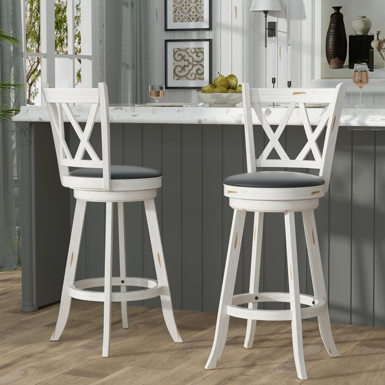 29" Bar Height Swivel Stools - High Back Swivel Barstools with Upholstered Seat & Solid Wood Footrest, Counter Bar Chairs for Kitchen Island & Pub (Antique White, Set of 2)