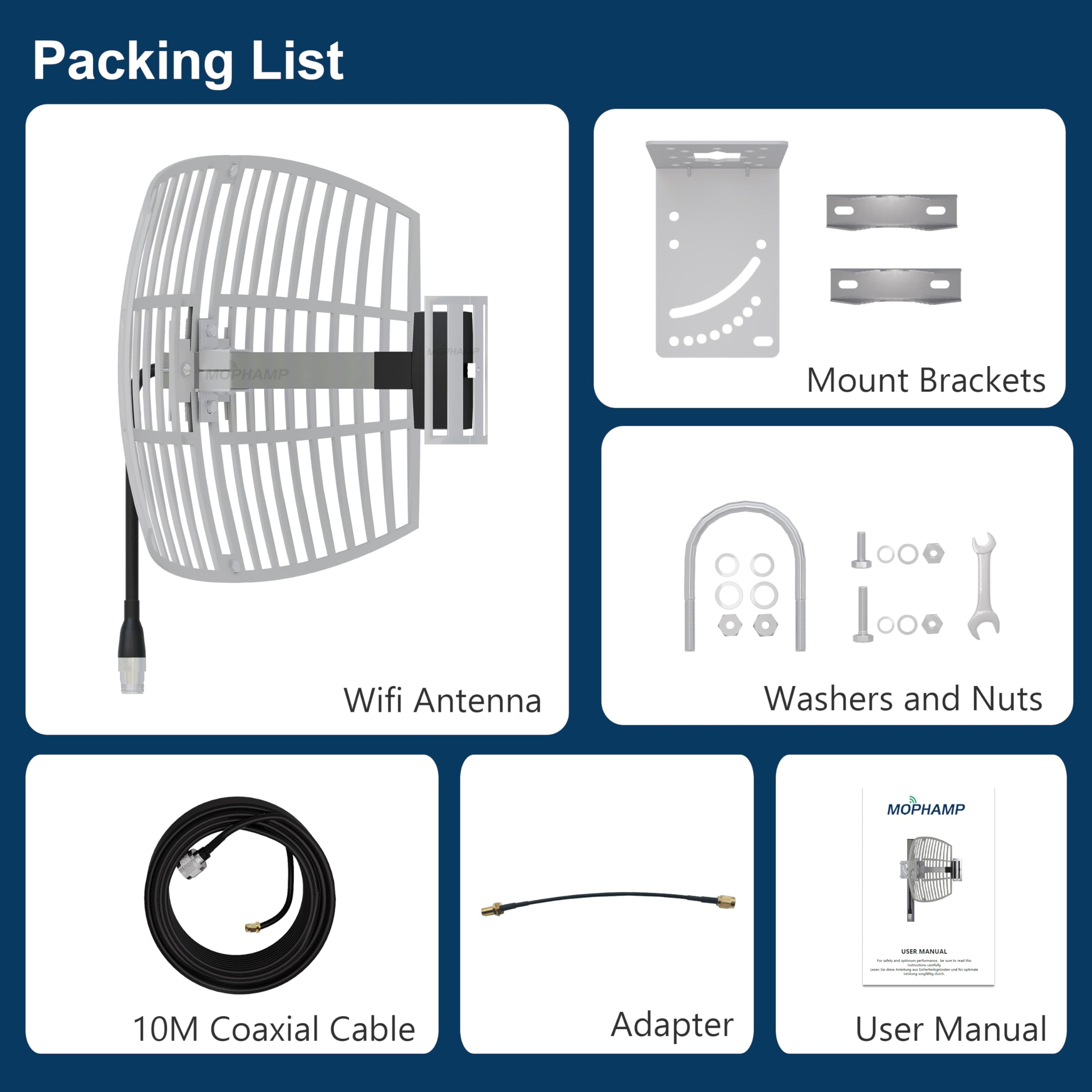 WLAN Richtantenne Outdoor 2.4GHz WiFi Gitterantenne Long Range Verstärker Antenne mit SMA/RP-SMA Anschluss-Bis zu 10km Reichweite für Garten, Camping, Wohnmobil
