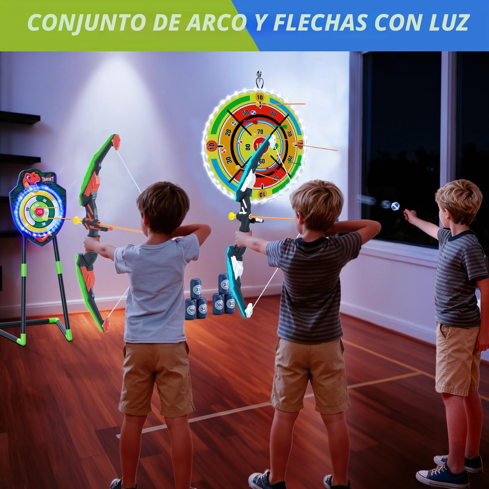 HYES 2 Pack Arco y Flechas con 29" Glow Dart Board, LED Iluminar el Dinosaurio Tiro con Arco con Flechas de Succión, Objetivo de Resplandor, Regalos Juguete para Niños Niñas Interior y Exterior
