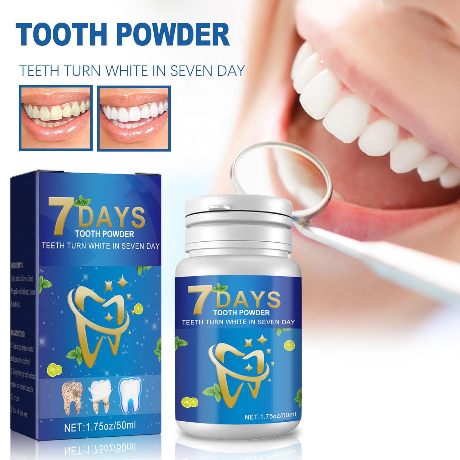 7 Days Tooth Cleaning Powder,50ml Teeth Whitening Powder,7 Days Tooth Powder Whitening,Mint Tooth Powder,Yellow Teeth Stain Remover,Peroxide Free Toothpaste,for Removing Tartar (3PCS)