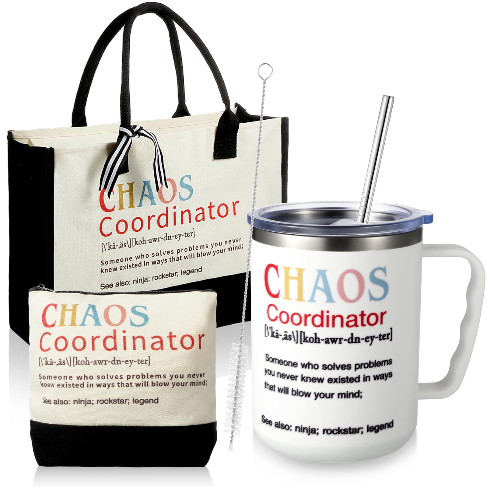 Silkfly 3 Pcs Chaos Coordinator Gifts for Women Chaos Coordinator Canvas Tote Bag Makeup Bag with 20 oz Tumbler Cup Thank You Appreciation Gifts for