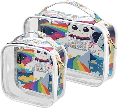 Kawaii Cat Astronaunt Rainbow Clear Toiletry Bag for Traveling,2 Pack Makeup Cosmetic Bag with Zipper,Travel Bag for Toiletries,Travel Essentials