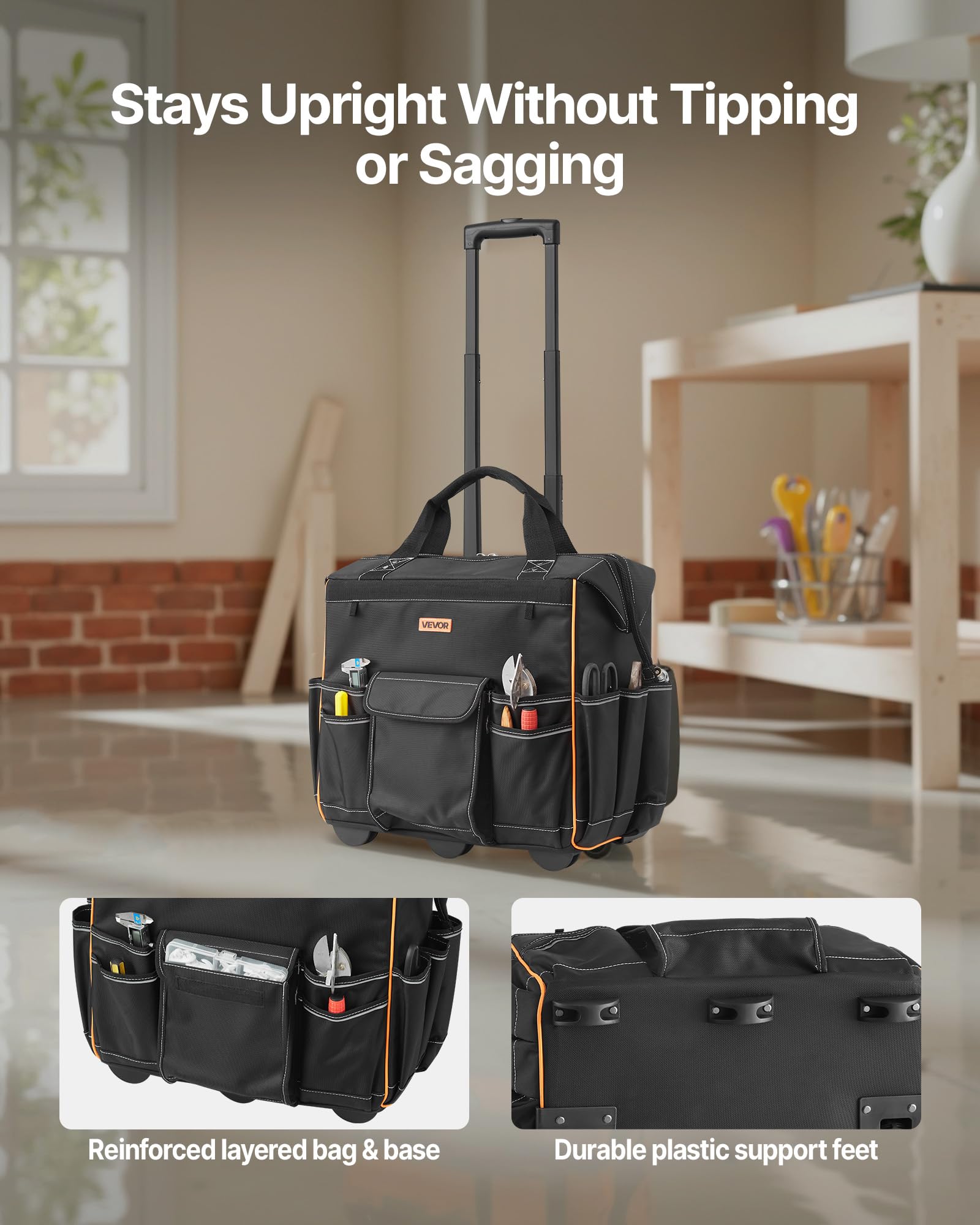 VEVOR Zaino Portautensili con Ruote, Capacità 50 kg, Borsa Portautensili con Ruote da 25 Tasche, Maniglia Telescopica Regolabile e Base Stabile, Organizzatore per Borse per Edilizia, Meccanico
