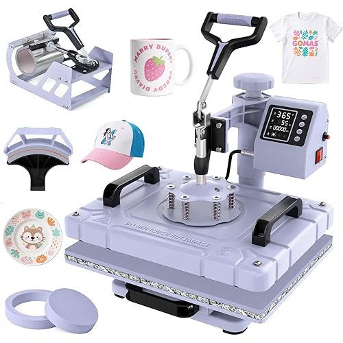 Slendor Heat Press Machine 12x15 inch, 5 in 1 360-Degree Swing Away Digital T Shirt Pressing Machine Multifunction Heat Transfer Sublimation Combo for T Shirts Mugs Hat Plate Cap, Lavender