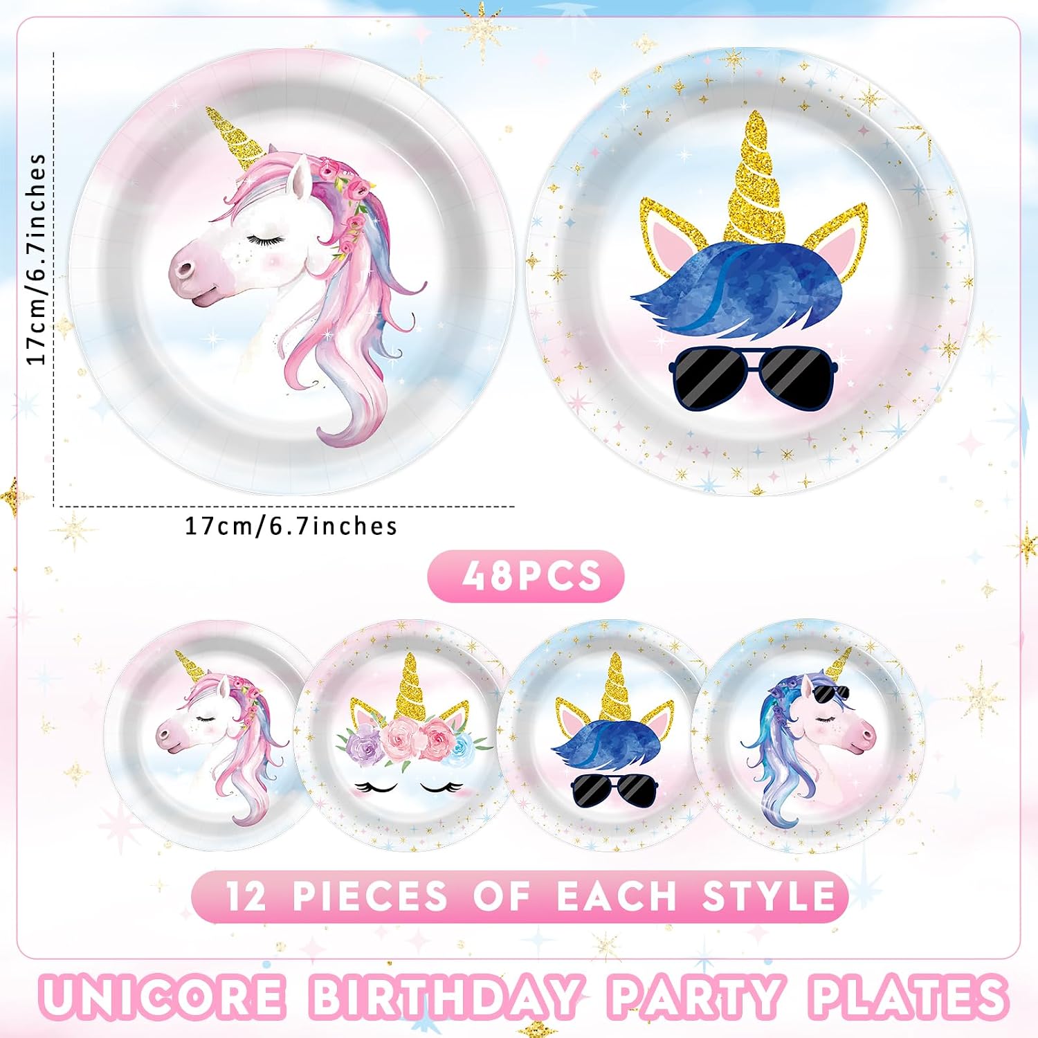 48PCS Unicorn Birthday Party Decorations Unicorn Paper Plates Tableware Set Rainbow Cake Plates Supplies Disposable Dessert Plate for Girls Boys Kids Unisex Unicorn Party Baby Shower Favors 6.7inch