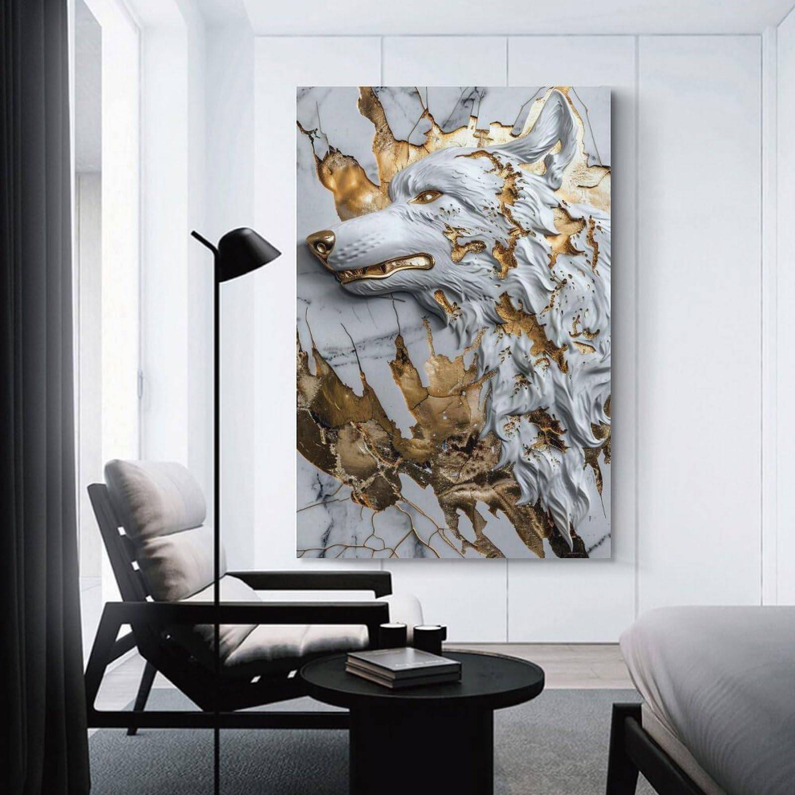 Junmoney Unframe-Style-22 Decorative Wall Artwork Marble Wolf With Gold Accents, 20X30inch(50X75cm), For New Homes, Bedrooms Or Workspaces, Canvas Artwork With Gifting Potential