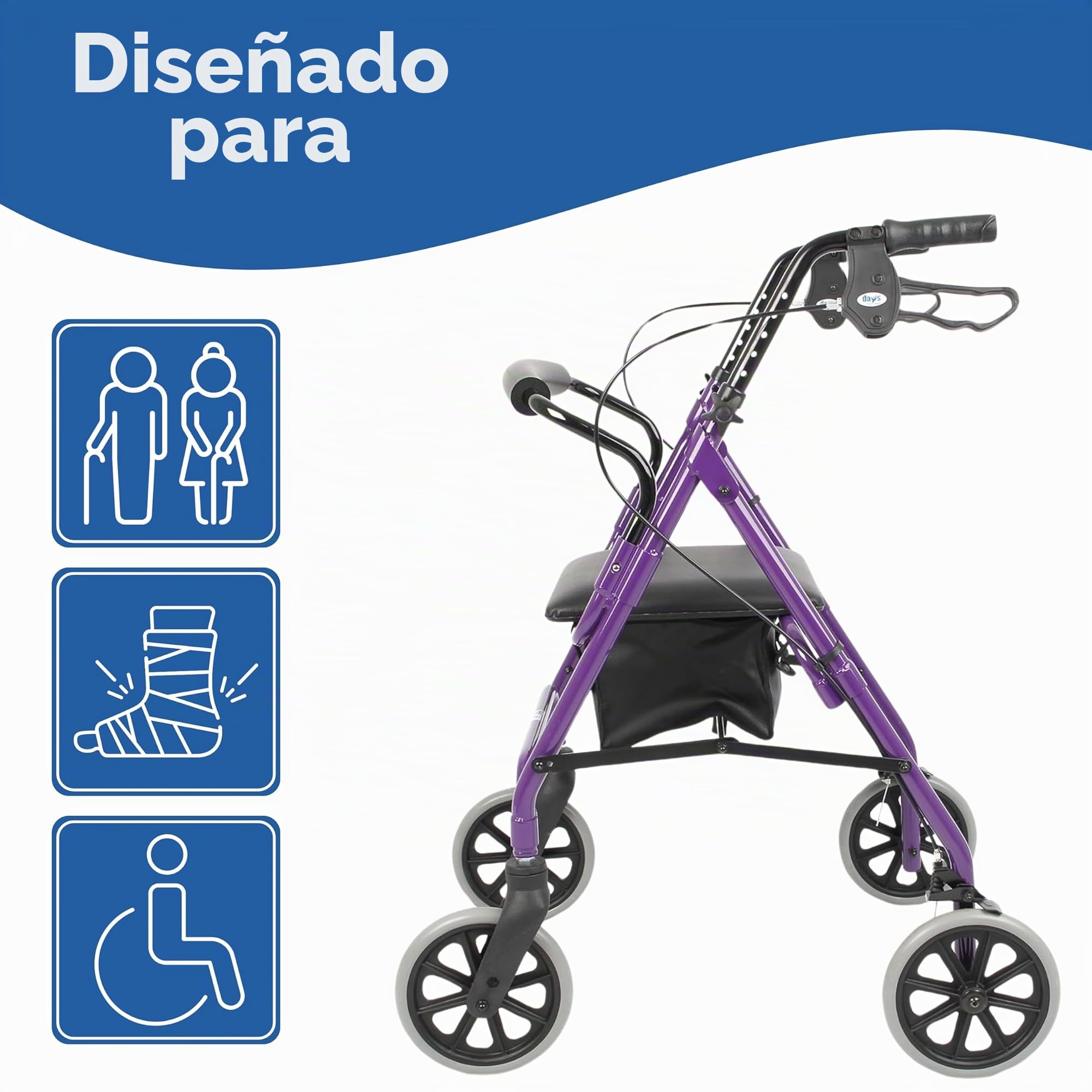 Days Andador de Cuatro Ruedas Ligero y Plegable con Asiento Acolchado, Frenos de Bloqueo, Mangos Ergonómicos y Bolsa de Transporte, Ayudas A la Movilidad, Mediano, Azul