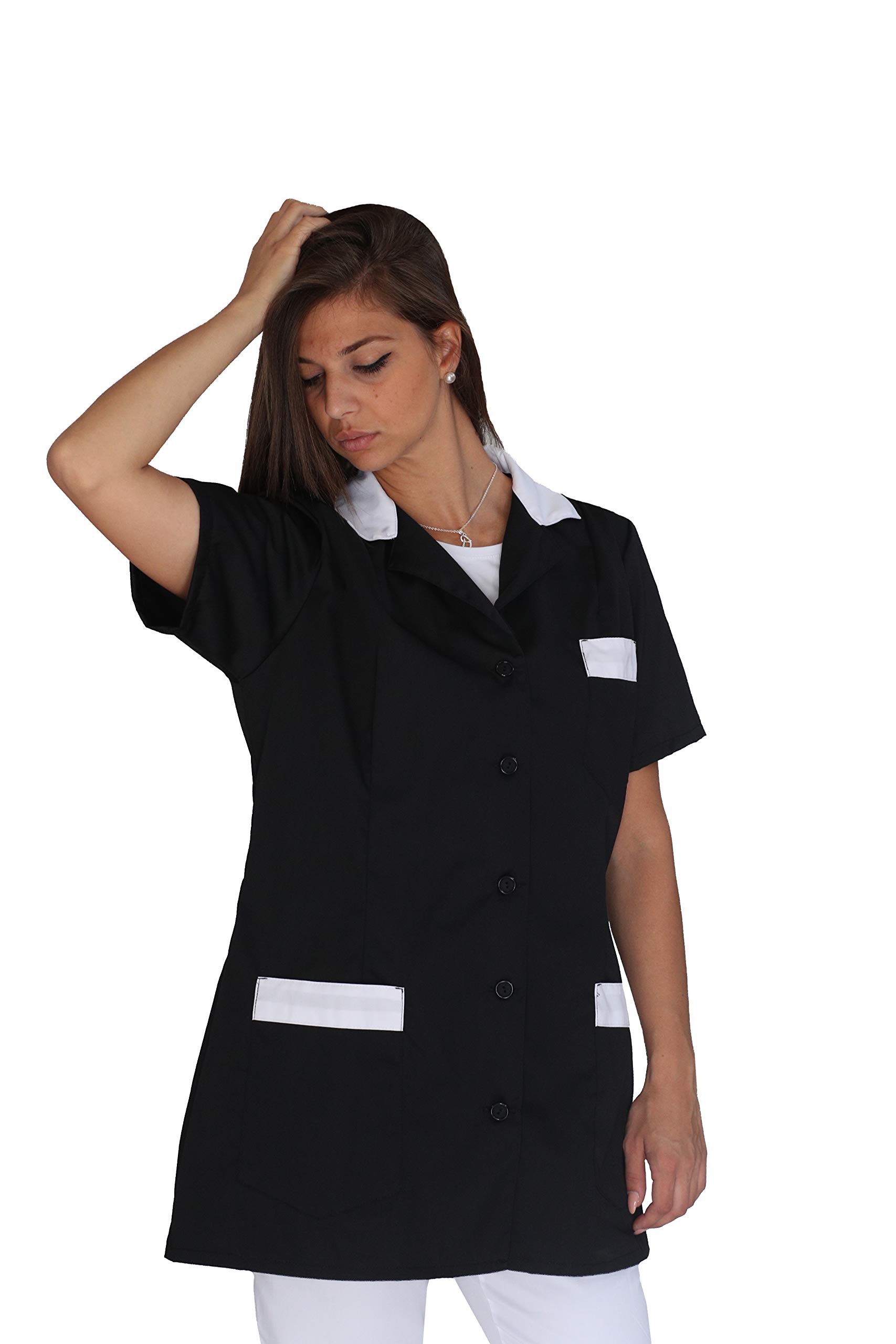 Ricamo Gratuito - Camice da Lavoro Donna - Nero e Bianco - Divisa per Maestra, Imprese di Pulizia, Parrucchiera, Estetista, Scuola Infanzia - Casacca Personalizzata