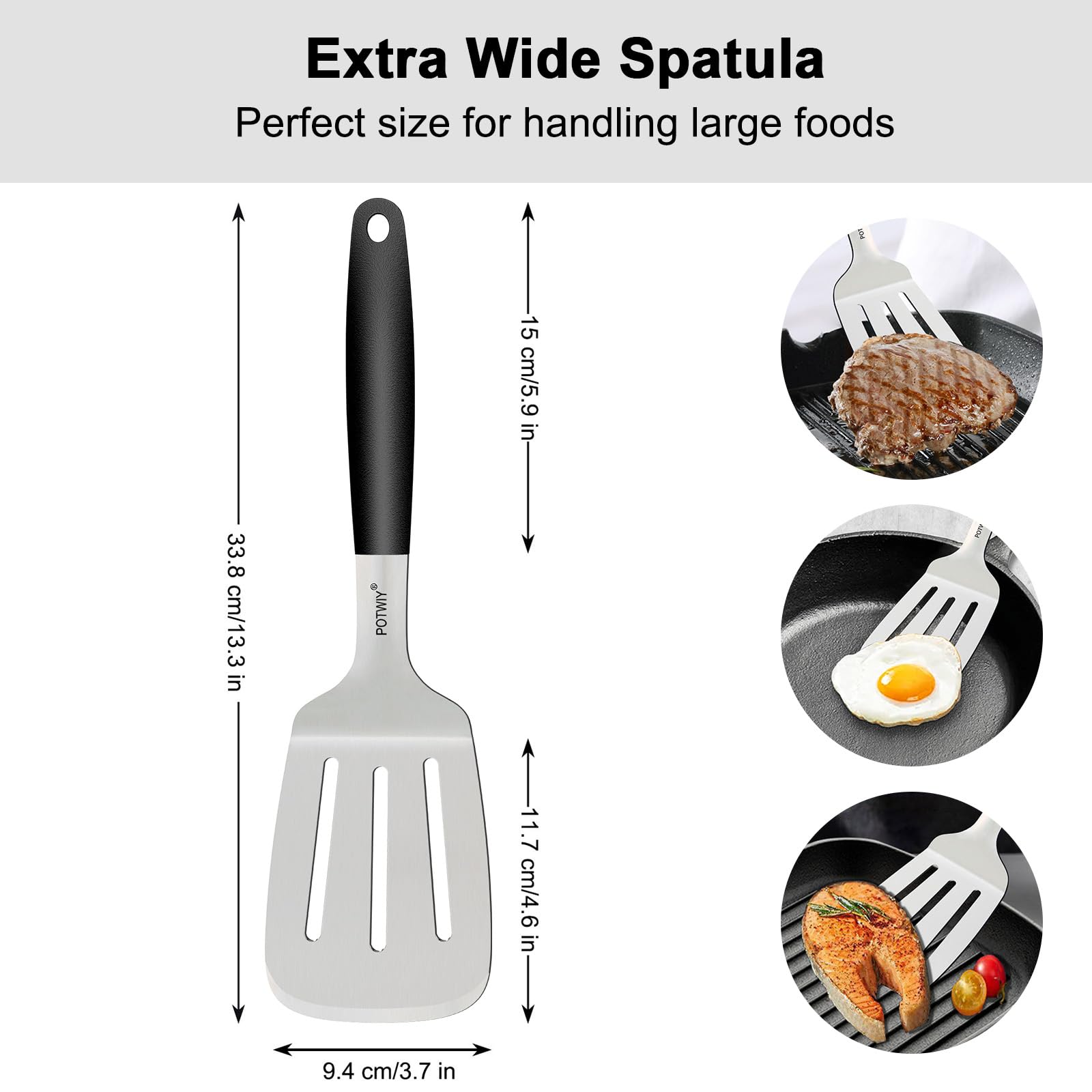 Edelstahl-Kochspatel, großer Metallwender für Gusseisen-Bratpfannen und flache Grills, Silikongriff, robuster Smash-Burger- und Eierspaten, 11,7 x 9,4 cm