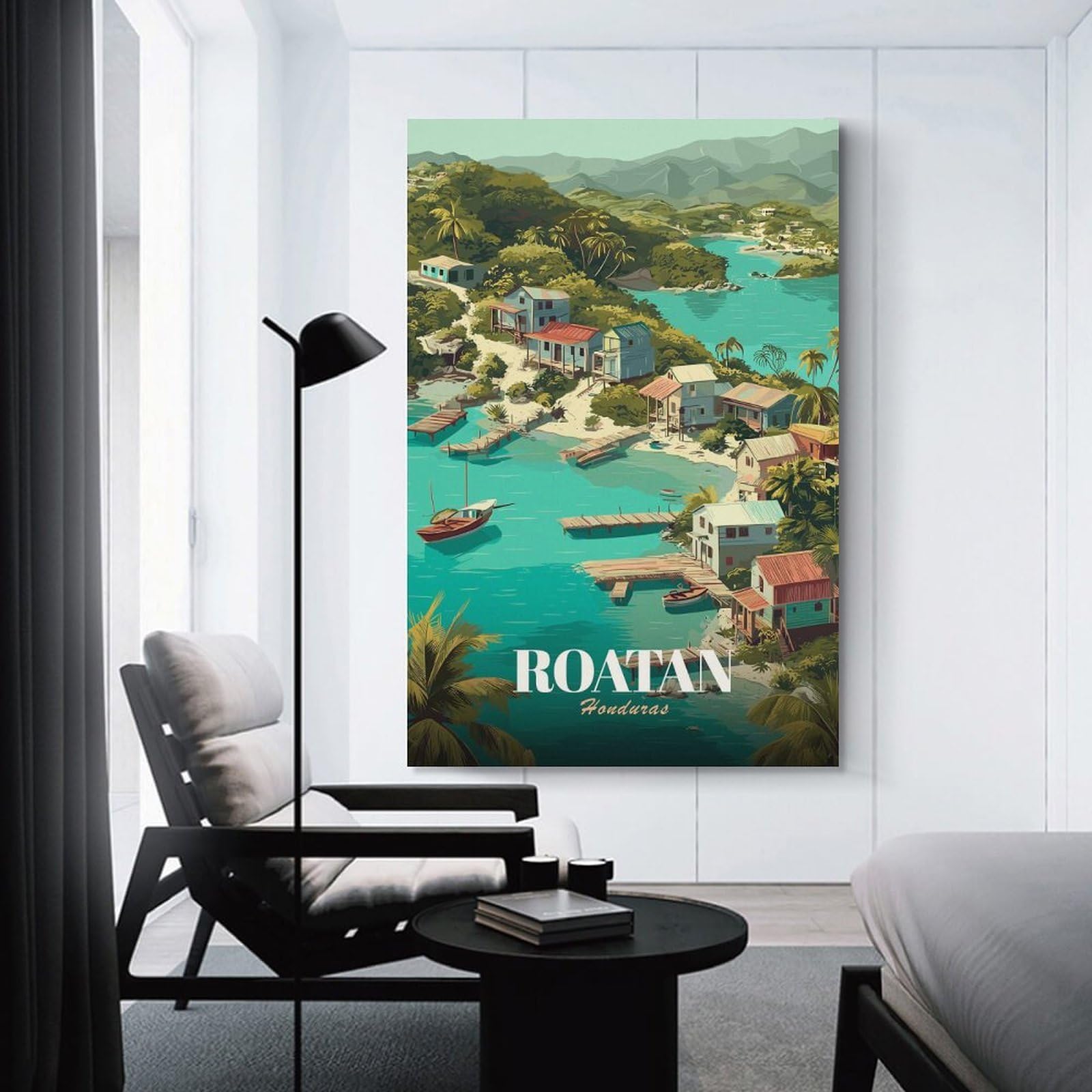 Junmoney Roatan Honduras Tropical Island Illustration Canvas Wall Decor 08x12inch(20x30cm), for Home Lounge, Bedroom Or Reading Nook, A Home Accent with Warm Character