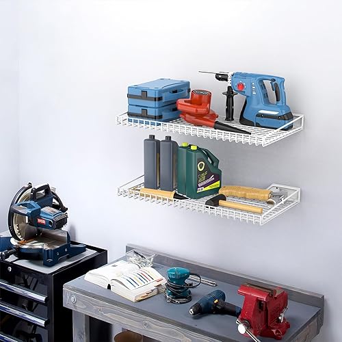 Miniatura 10 de TORACK Paquete de 2 estantes de almacenamiento montados en la pared, estante de pared de 23.5 x 12 pulgadas para garaje, armario, lavandería,