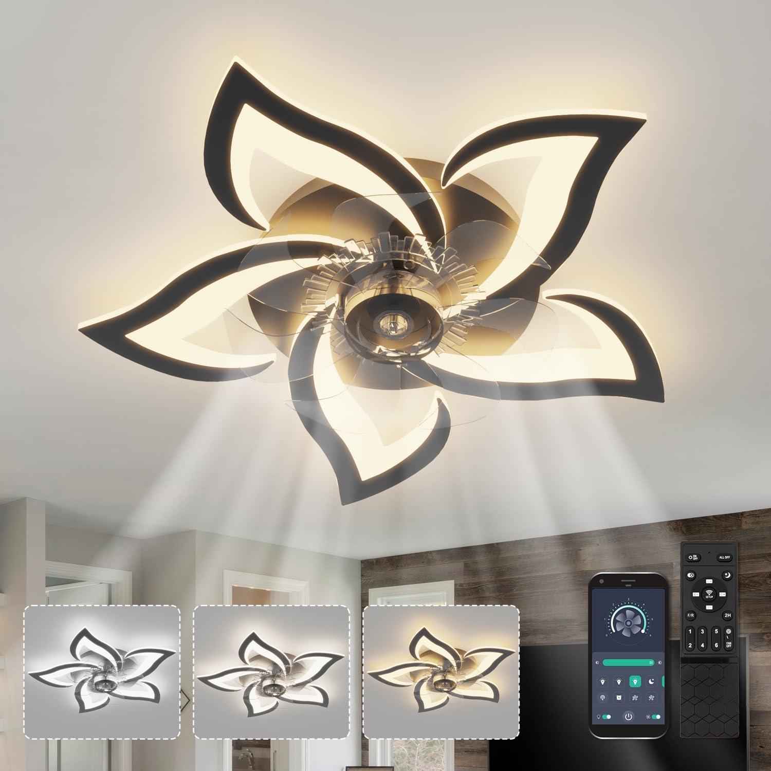 YUNLONG Ventilador Techo con Luz y Mando a Distancia Silencioso Negro Lampara Ventilador Techo Dormitorio Motor DC Reversible Memoria Regulable Plafon Led Ventilador con 6 Velocidades Verano Invierno