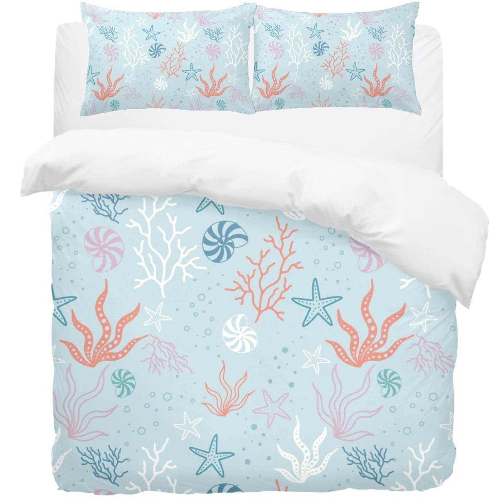 Housse de couette douce Aquarelle motif océan corail bleu et blanc hypoallergénique