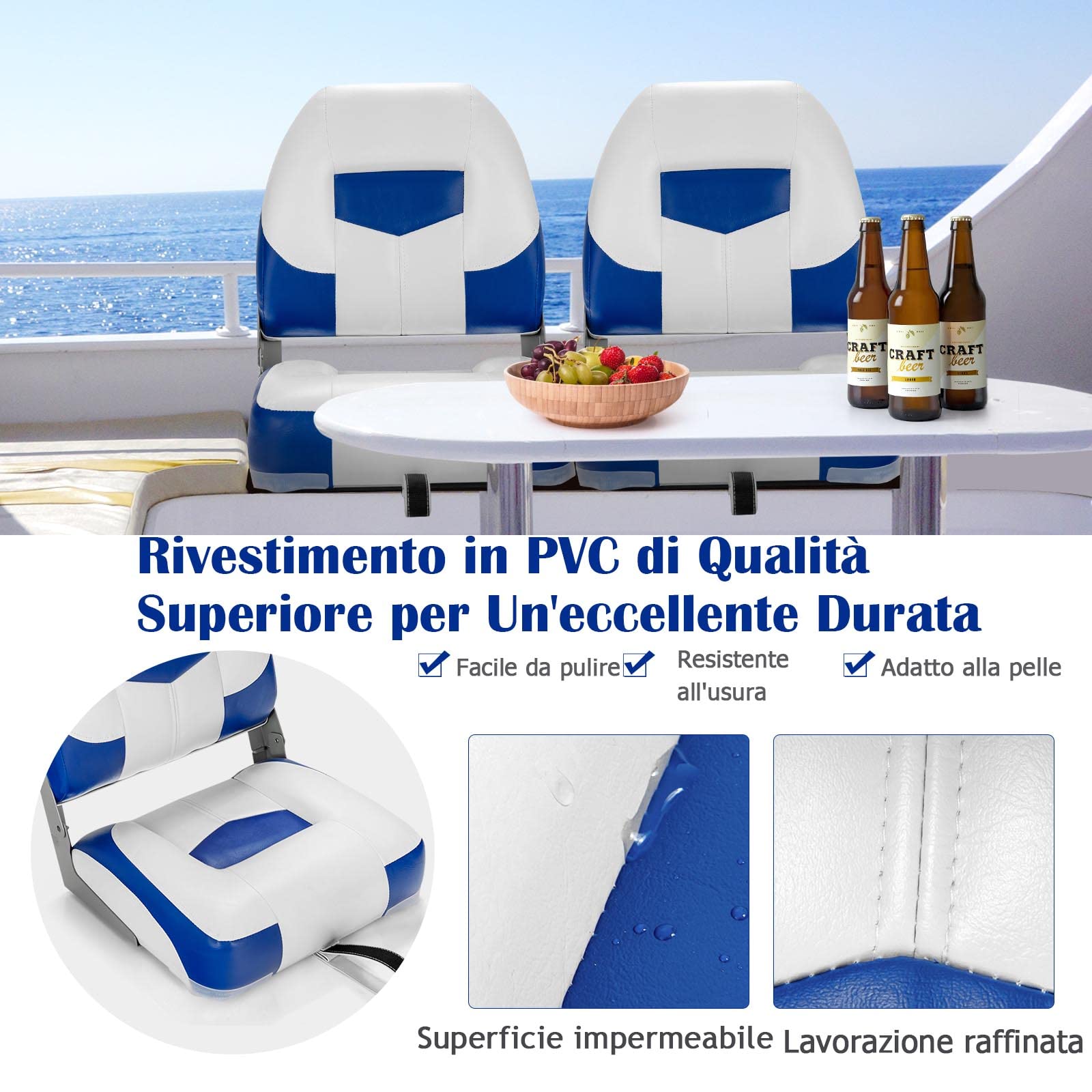 GYMAX Sedie per Barca, 2 Pezzi, Sedile Comodo di Schiuma, PVC e PP, Design Ergonomico e Pieghevole su Schienale e Sedile, Adatte all’Aperto, 50 x 52 x 42 cm (Blu)